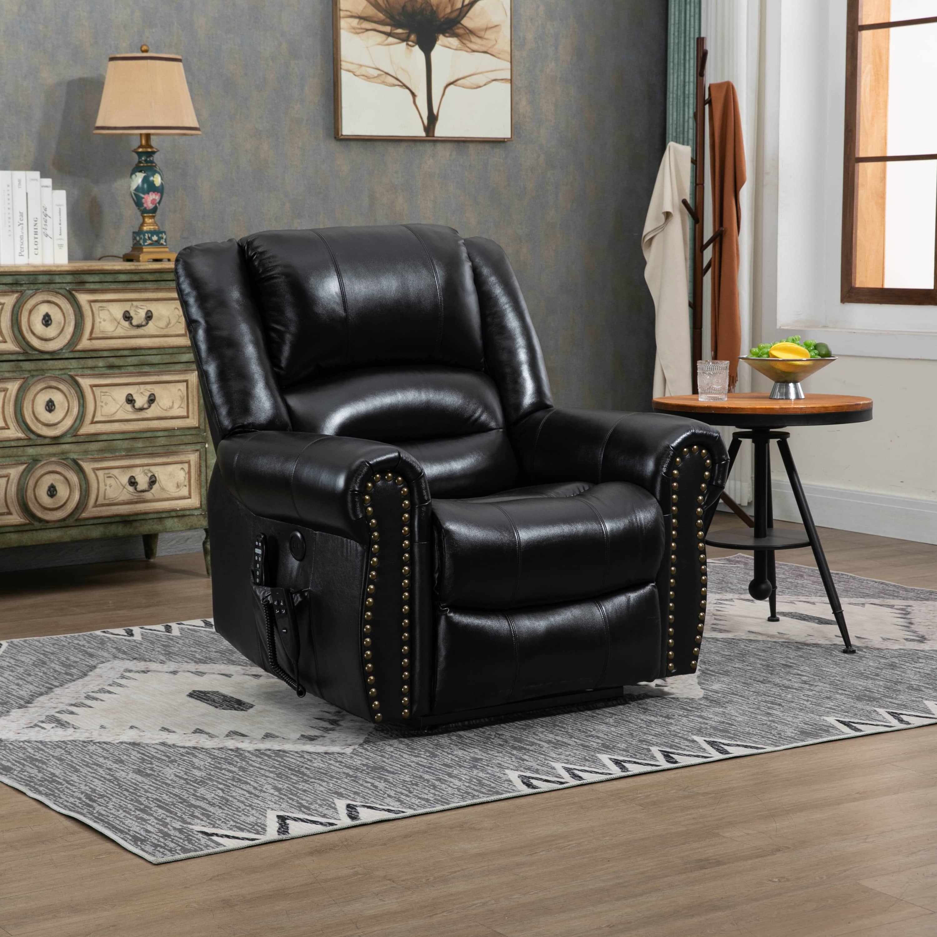 Genuine Leather Power Lift Recliner Chair with Heat, Massage and Infinite Positioning, Black