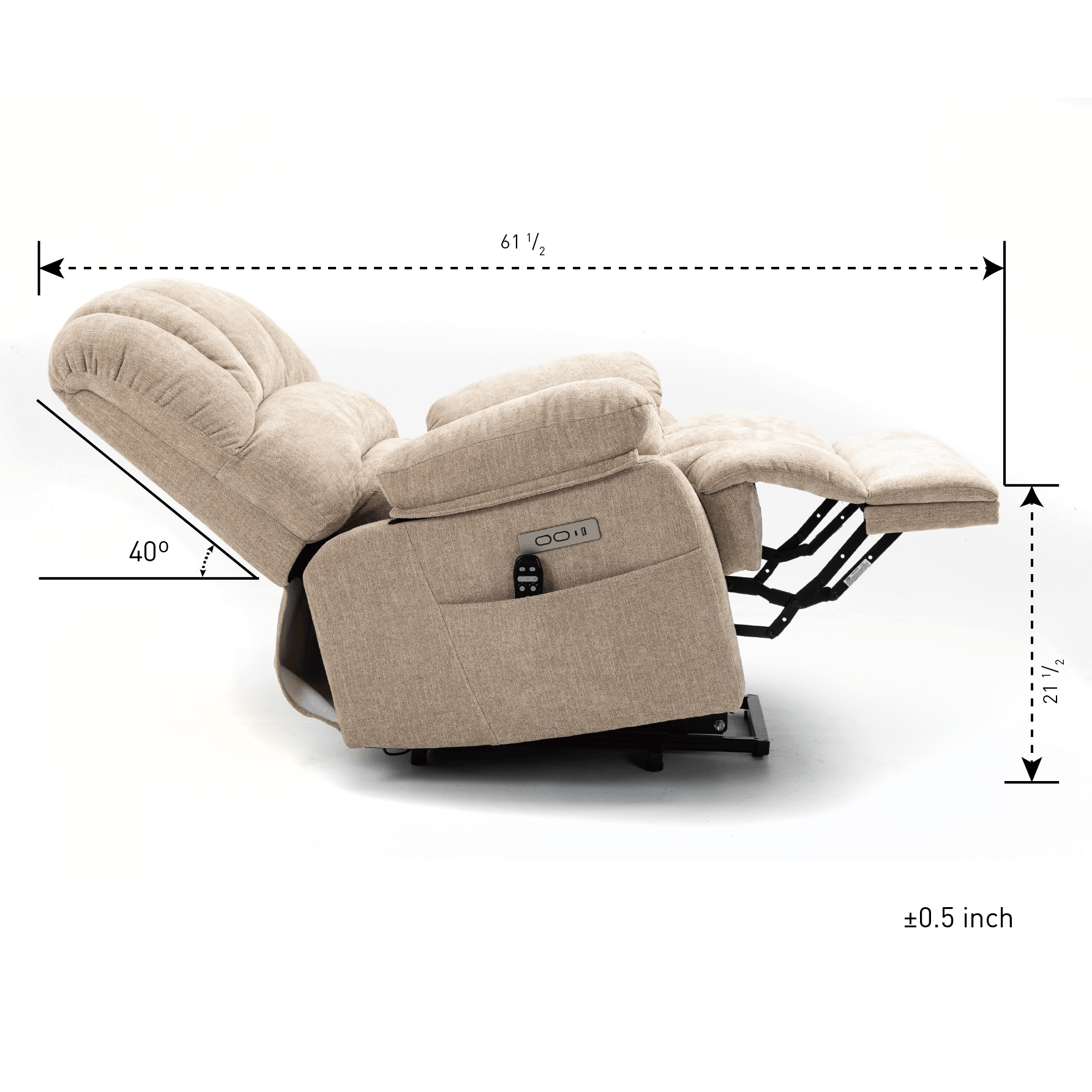Large Power Lift Recliner Chair with Heat and Massage, reclined measurements