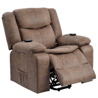 Brown Power Lift Chair Right and Front Profile with Headrest and Footrest Slightly Extended