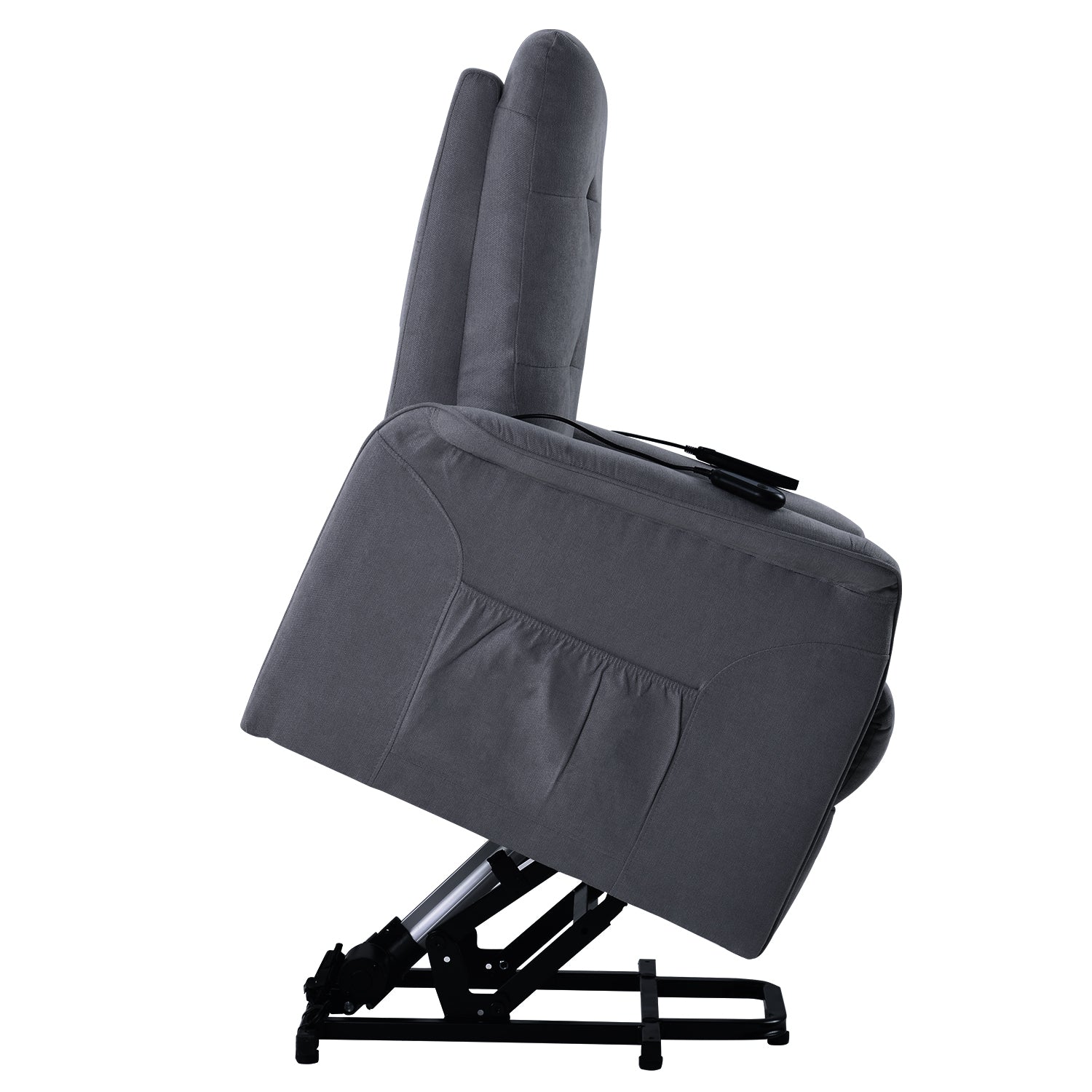 Power Lift Chair Recliner with Adjustable Massage, Dark Gray side view lifted