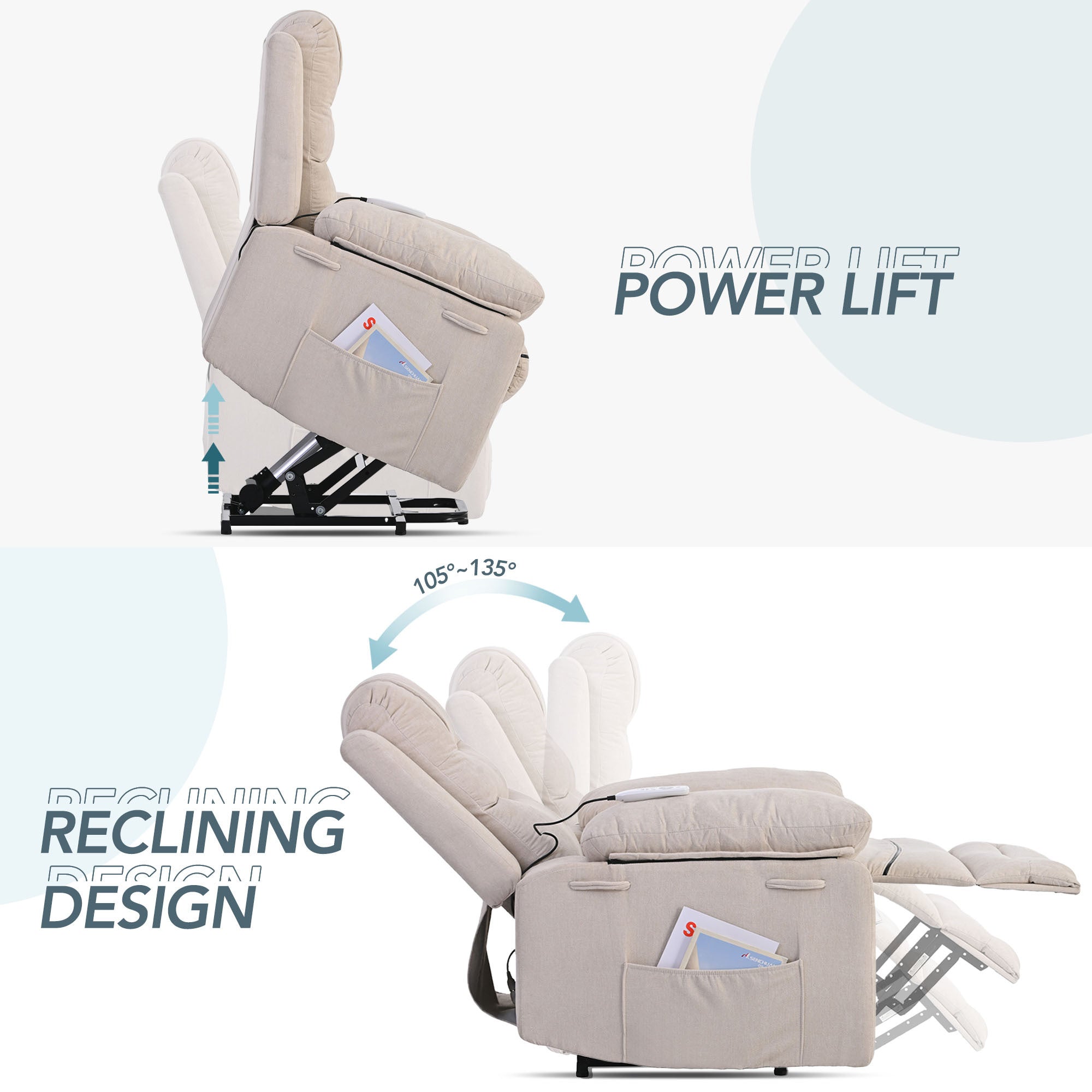 Infinite Position Massage and Heat Power Lift Recliner, Beige