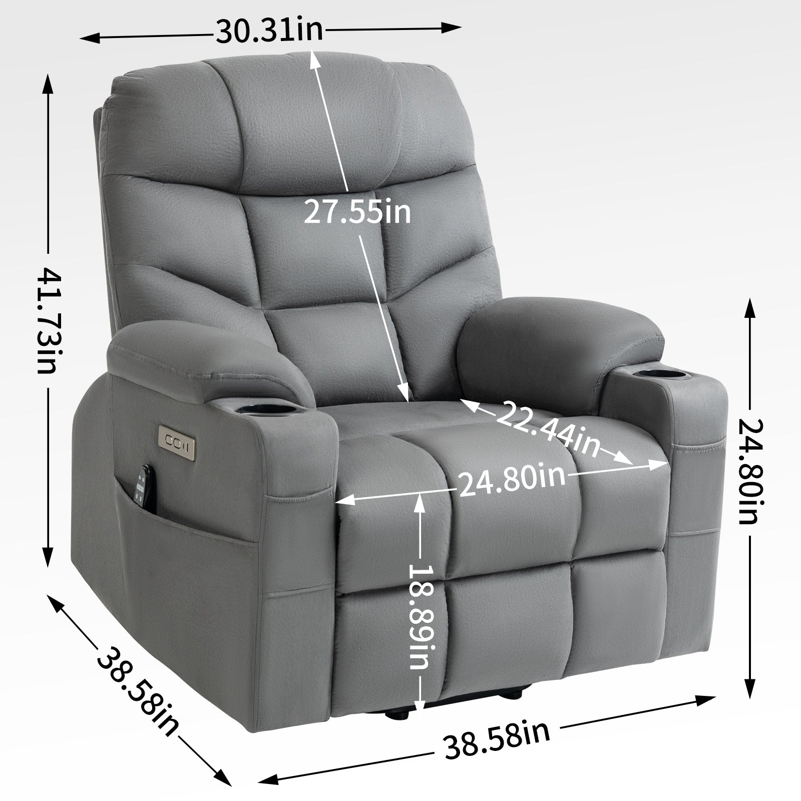 Grey Power Lift Recliner Chair with Vibration Massage and Lumbar Heat, measurements