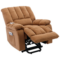 Light Brown Power Lift Chair Front Profile Quarter Shot Head & Foot Rest Extended