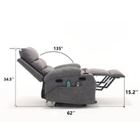 Overstuffed Large Power Lift Recliner with Massage and Heat, Gray, specifications reclined