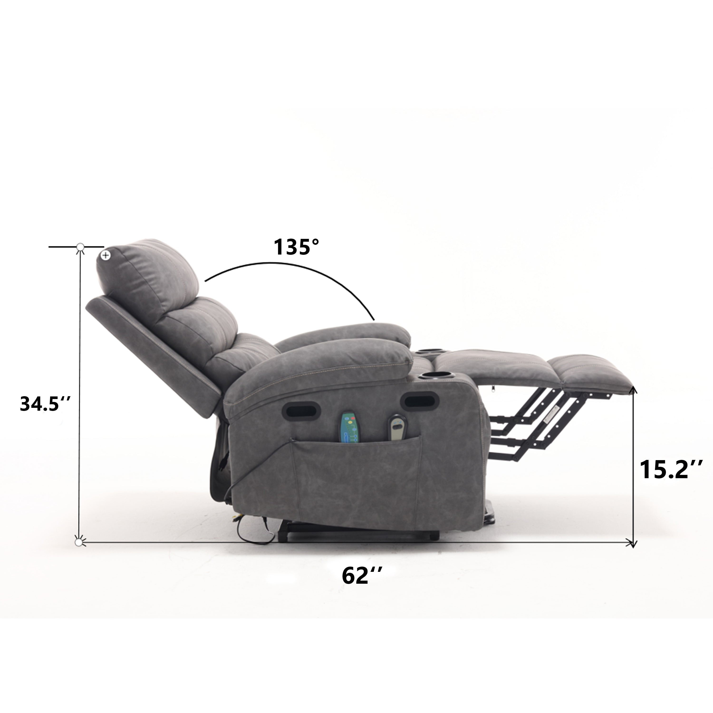 Overstuffed Large Power Lift Recliner with Massage and Heat, Gray, specifications reclined