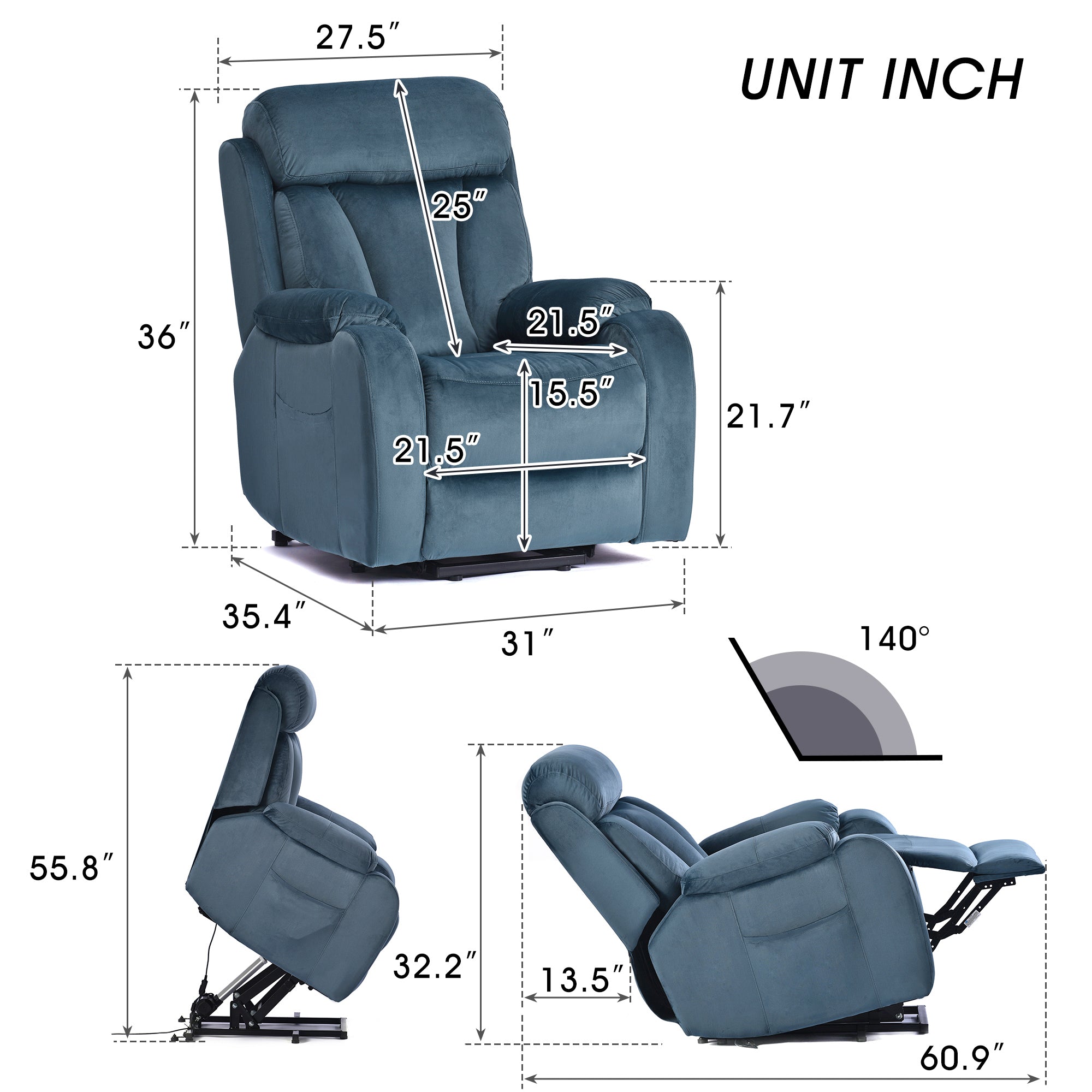 Lift Chair Recliner with Australia Cashmere Fabric, dimensions