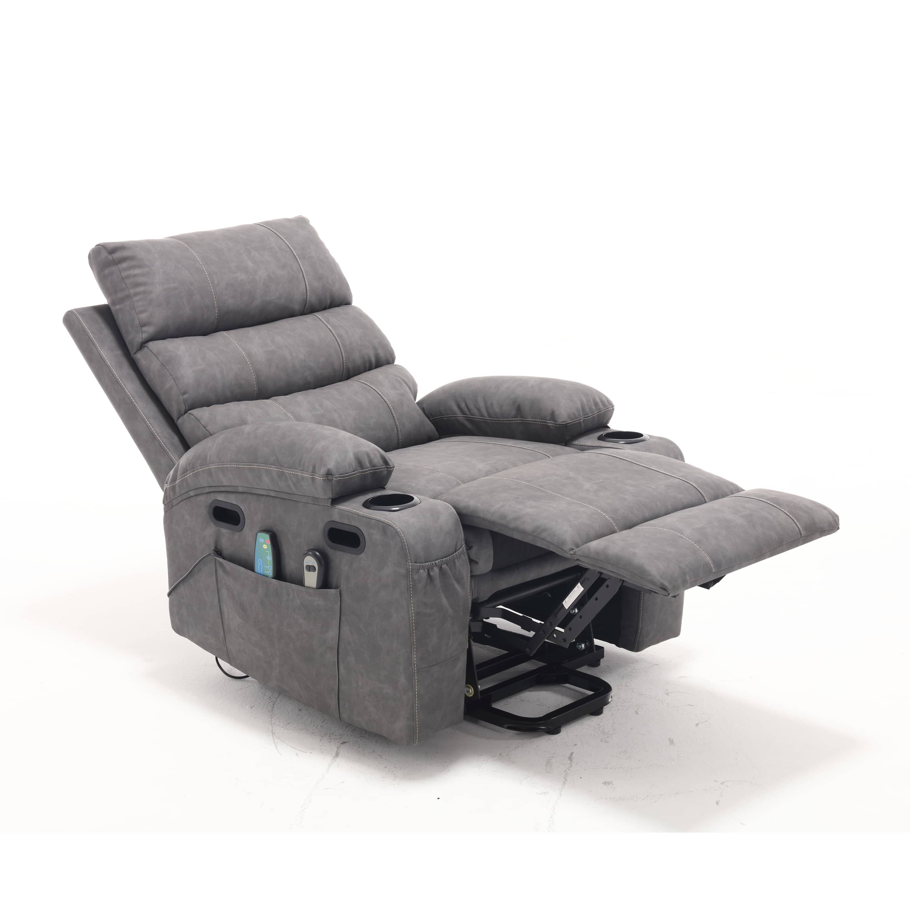 Overstuffed Large Power Lift Recliner with Massage and Heat, Gray, reclined