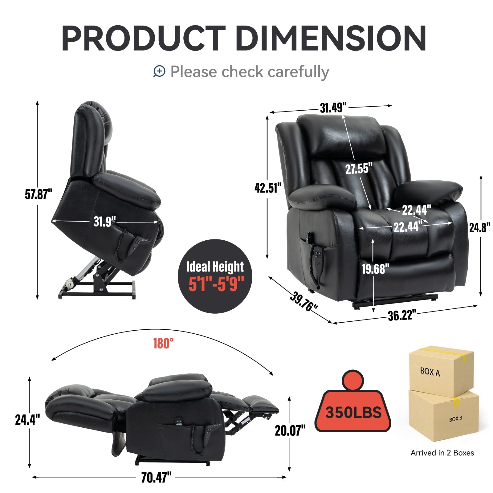 Black Genuine Leather Dual Motor Infinite Position  Electric Medium size Power Lift Recliner with 8-Point Vibration Massage and Heat