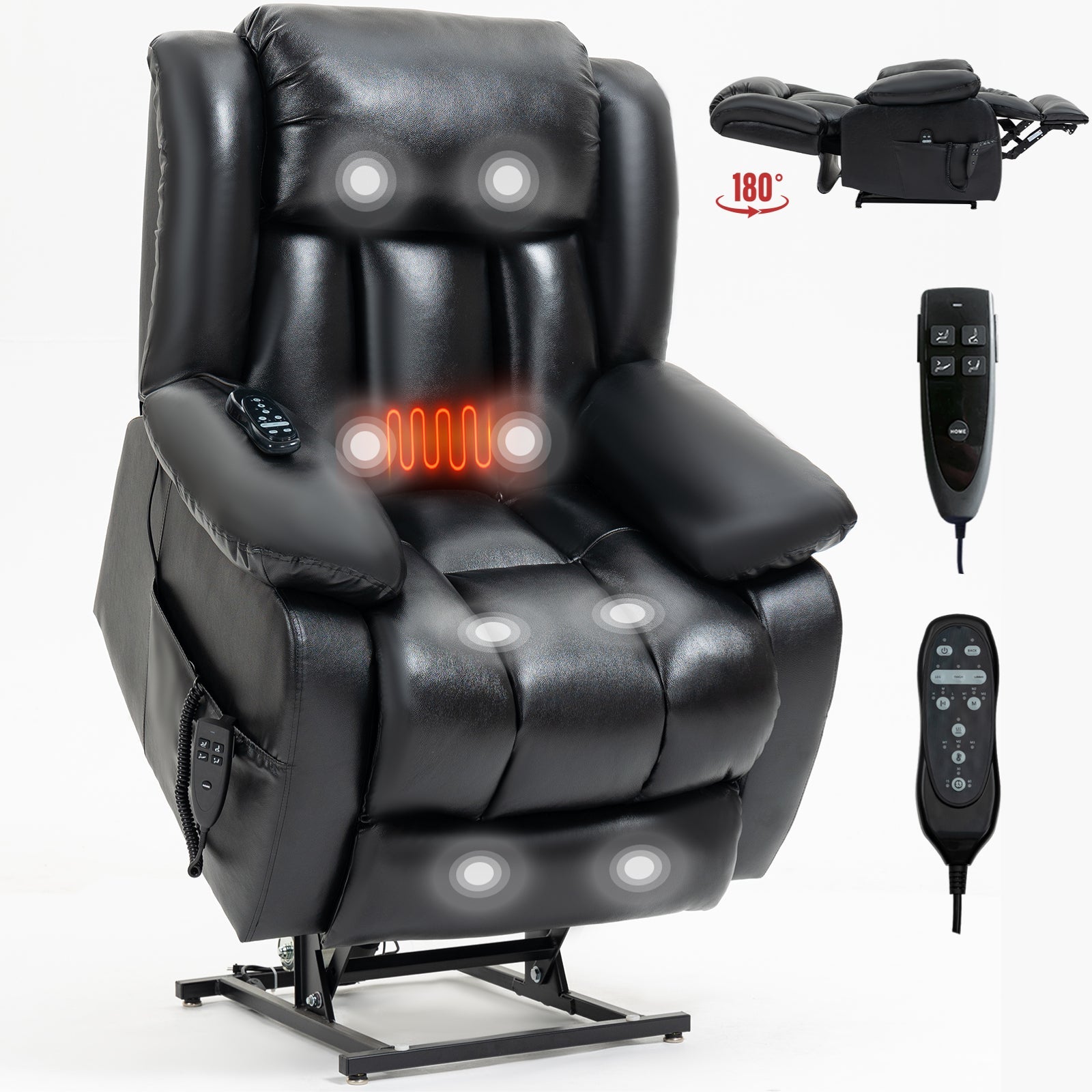 Black Genuine Leather Dual Motor Infinite Position  Electric Medium size Power Lift Recliner with 8-Point Vibration Massage and Heat