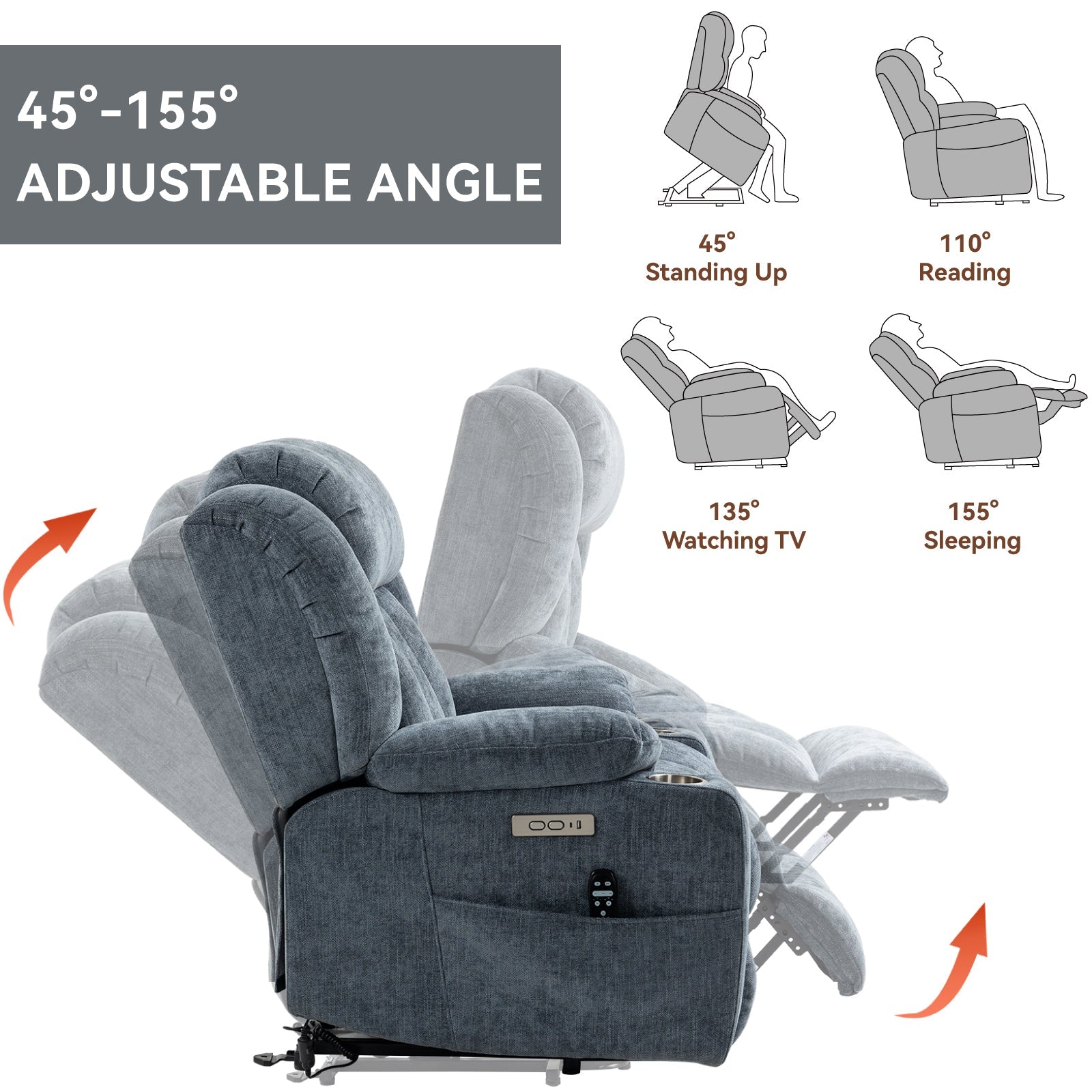 Blue Chenille Power Lift Recliner Chair, Heavy Duty Motion Mechanism with 8 - Point Vibration Massage and Lumbar Heating, USB and Type - C Ports, Stainless Steel Cup Holders - My Lift Chair