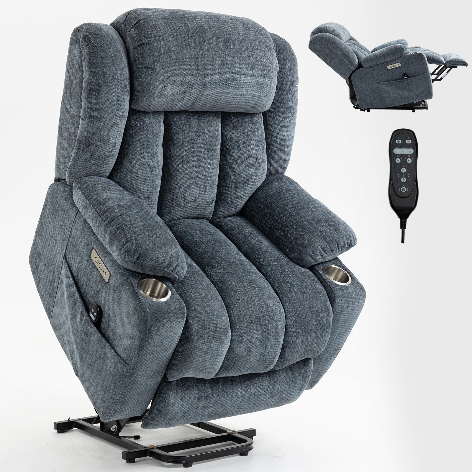 Blue Chenille Power Lift Recliner Chair, Heavy Duty Motion Mechanism with 8 - Point Vibration Massage and Lumbar Heating, USB and Type - C Ports, Stainless Steel Cup Holders - My Lift Chair