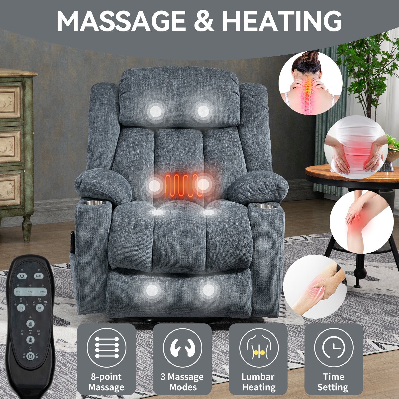 Blue Chenille Power Lift Recliner Chair, Heavy Duty Motion Mechanism with 8 - Point Vibration Massage and Lumbar Heating, USB and Type - C Ports, Stainless Steel Cup Holders - My Lift Chair