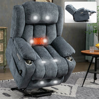 Blue Chenille Power Lift Recliner Chair, Heavy Duty Motion Mechanism with 8 - Point Vibration Massage and Lumbar Heating, USB and Type - C Ports, Stainless Steel Cup Holders - My Lift Chair