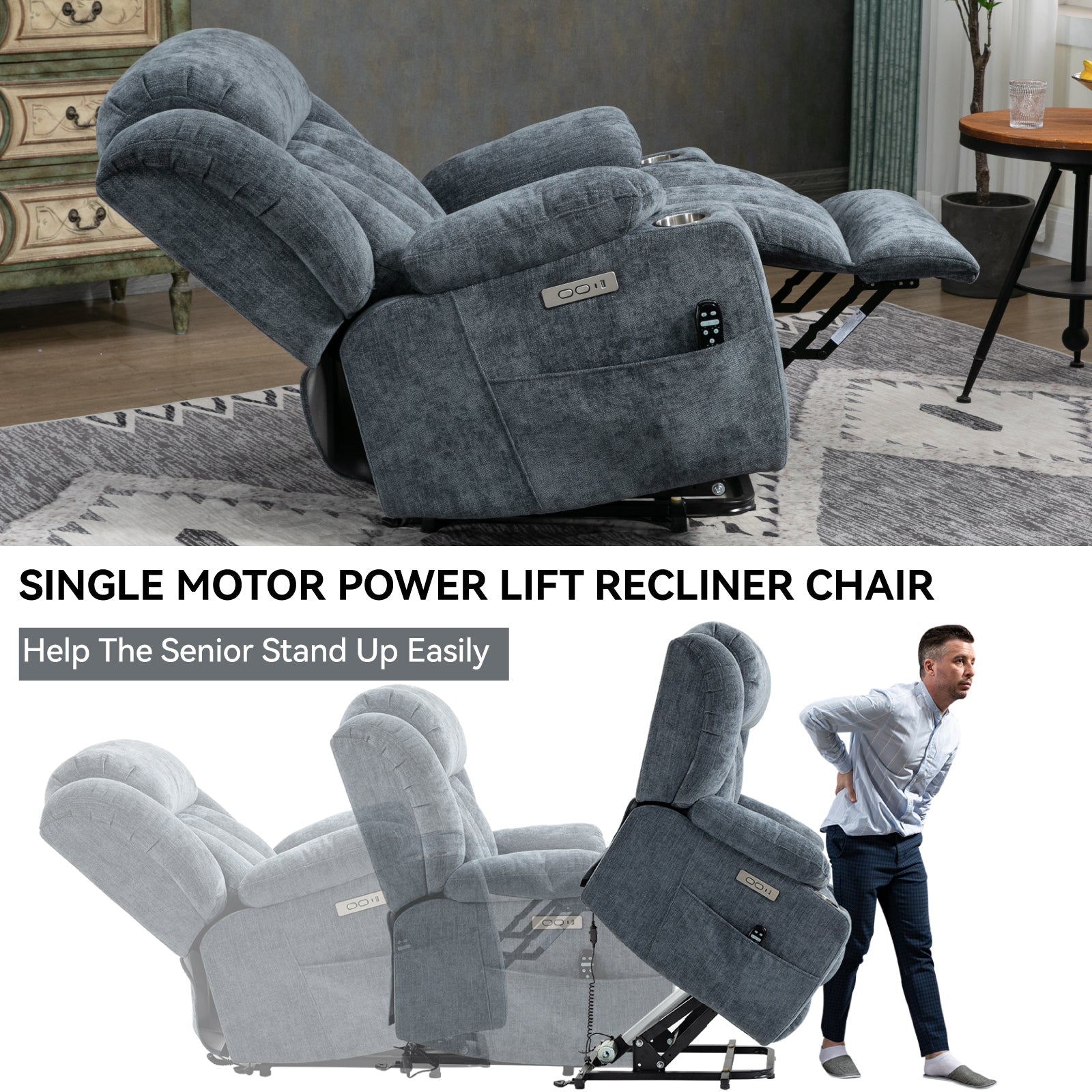 Blue Chenille Power Lift Recliner Chair, Heavy Duty Motion Mechanism with 8 - Point Vibration Massage and Lumbar Heating, USB and Type - C Ports, Stainless Steel Cup Holders - My Lift Chair