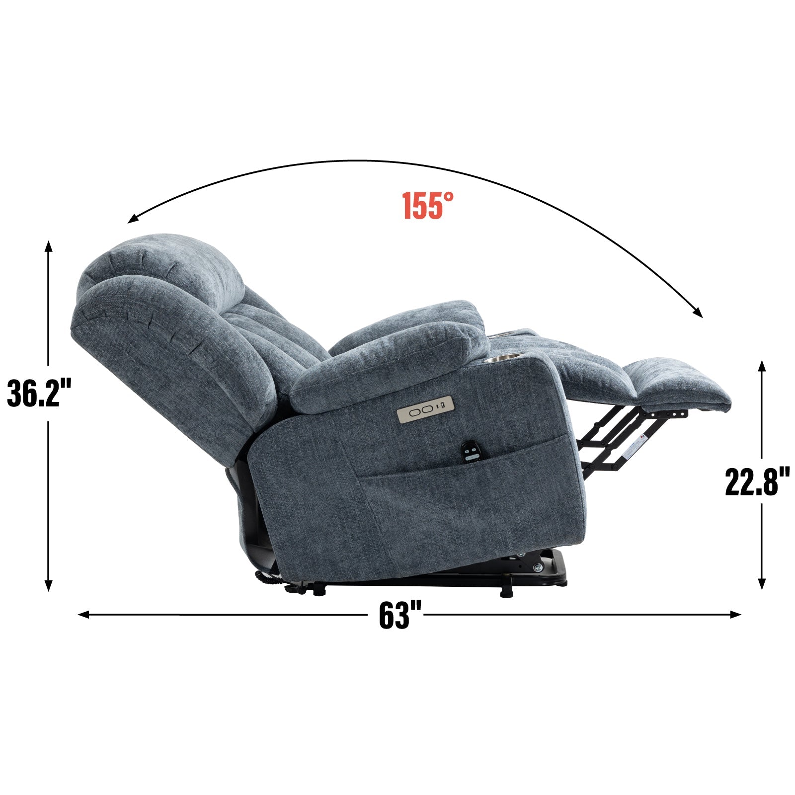 Blue Chenille Power Lift Recliner Chair, Heavy Duty Motion Mechanism with 8 - Point Vibration Massage and Lumbar Heating, USB and Type - C Ports, Stainless Steel Cup Holders - My Lift Chair