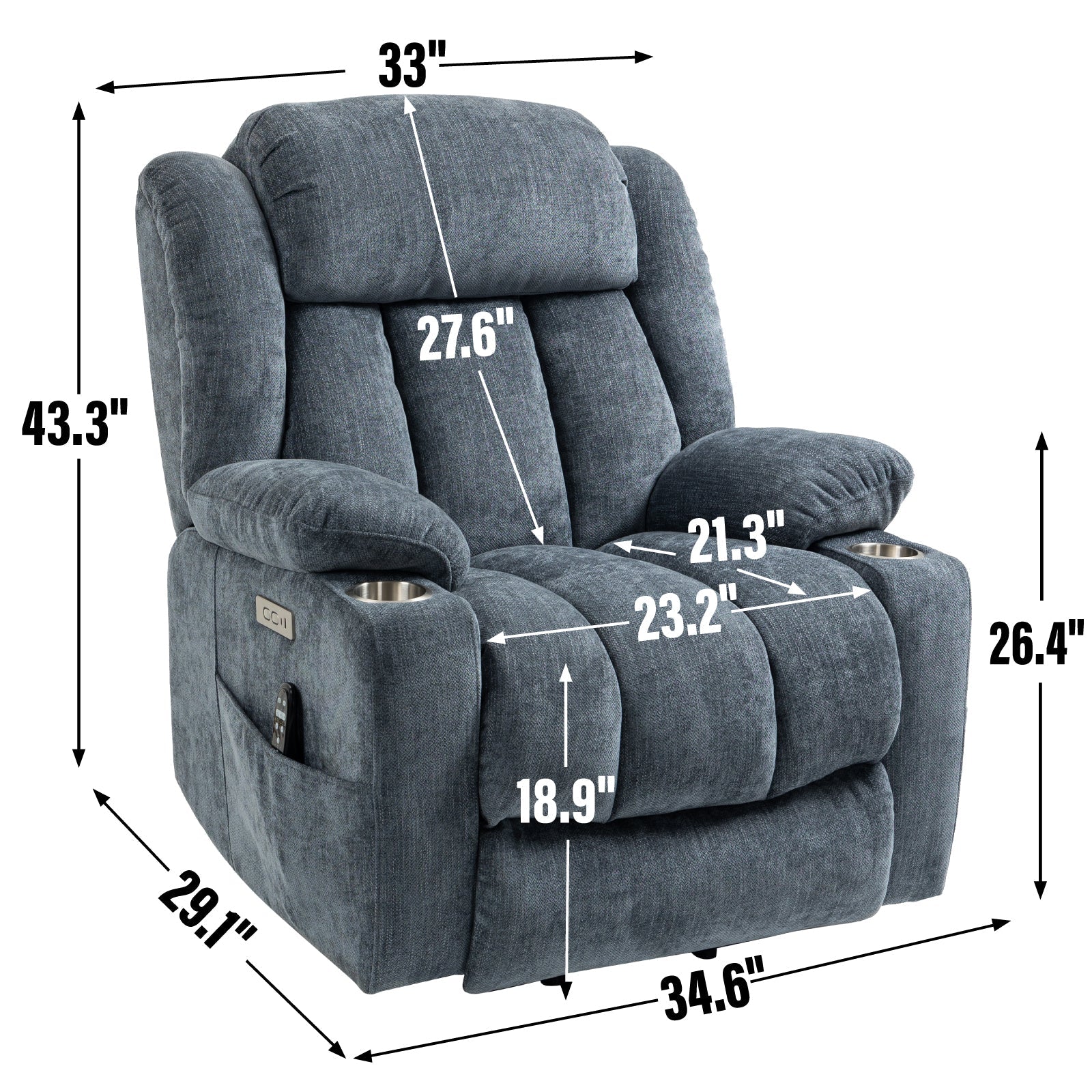 Blue Chenille Power Lift Recliner Chair, Heavy Duty Motion Mechanism with 8 - Point Vibration Massage and Lumbar Heating, USB and Type - C Ports, Stainless Steel Cup Holders - My Lift Chair