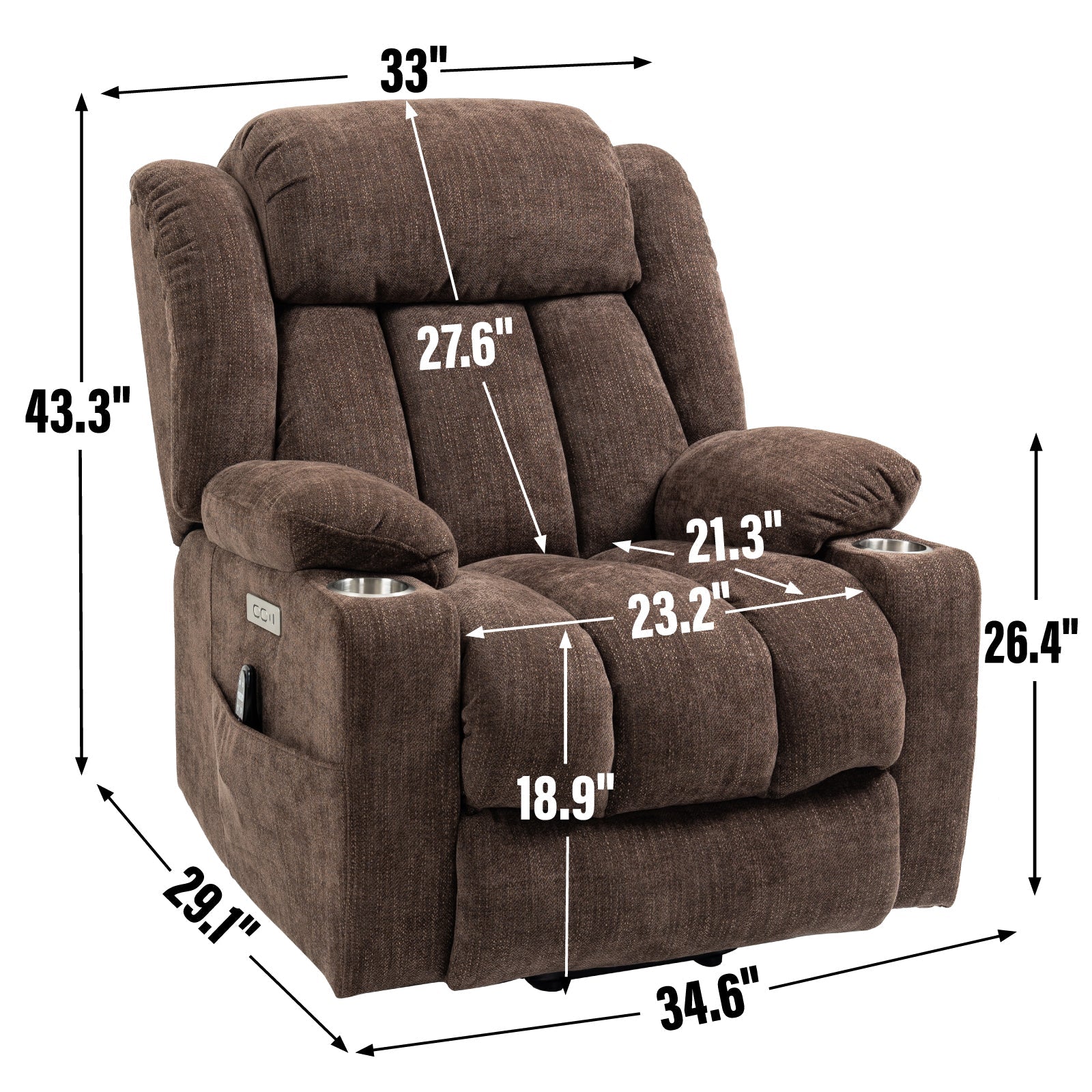 Brown Chenille Power Lift Recliner Chair, Heavy Duty Motion Mechanism with 8 - Point Vibration Massage and Lumbar Heating, USB and Type - C Ports, Stainless Steel Cup Holders - My Lift Chair