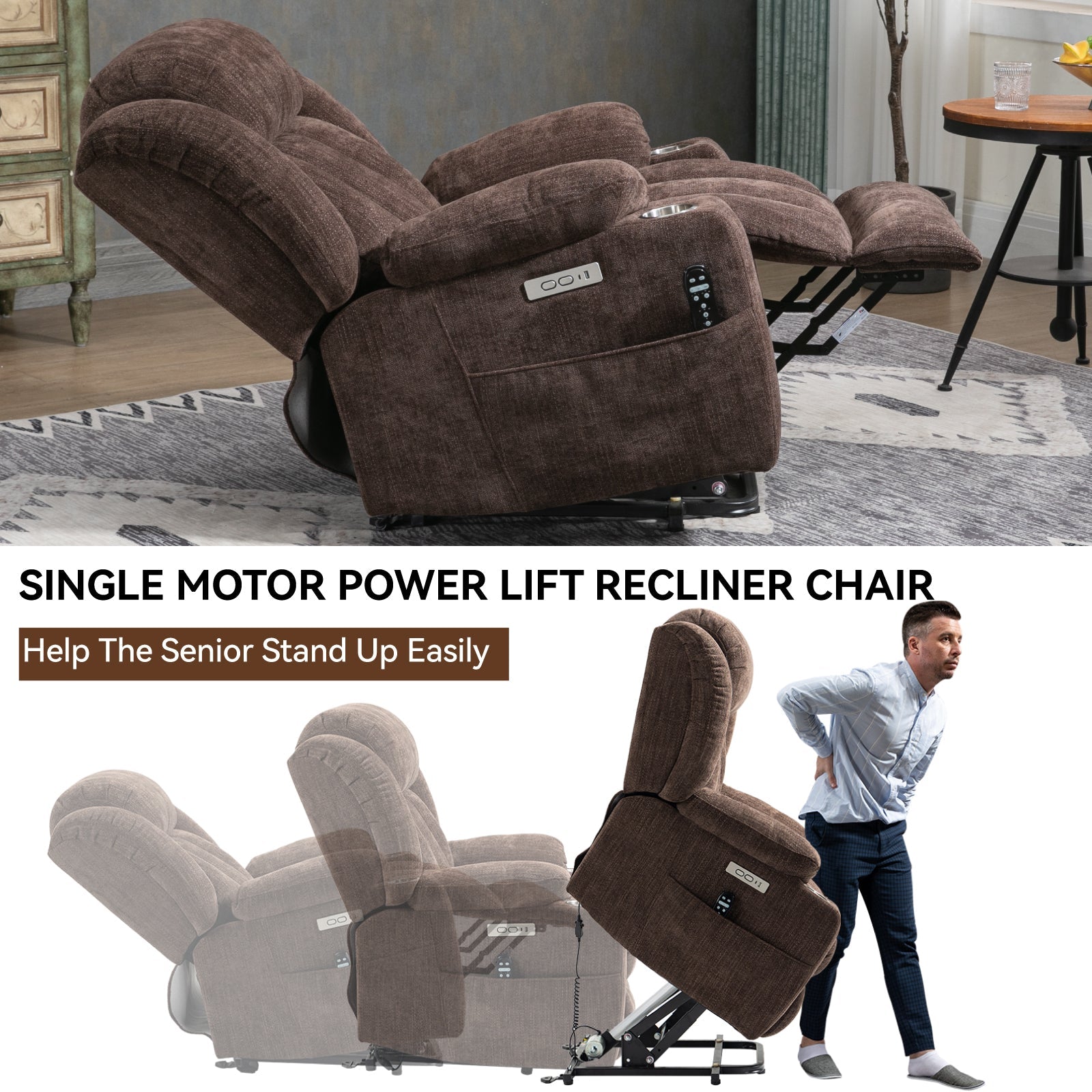 Brown Chenille Power Lift Recliner Chair, Heavy Duty Motion Mechanism with 8 - Point Vibration Massage and Lumbar Heating, USB and Type - C Ports, Stainless Steel Cup Holders - My Lift Chair