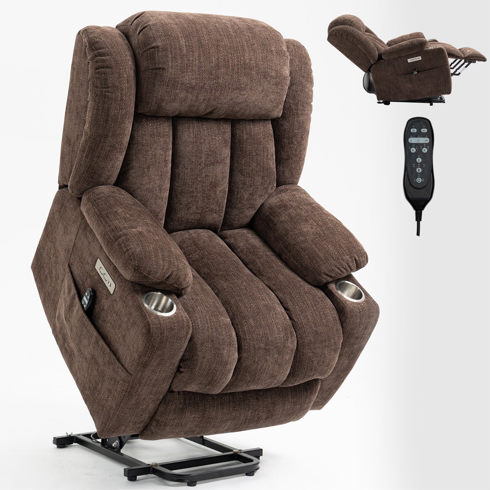 Brown Chenille Power Lift Recliner Chair, Heavy Duty Motion Mechanism with 8 - Point Vibration Massage and Lumbar Heating, USB and Type - C Ports, Stainless Steel Cup Holders - My Lift Chair