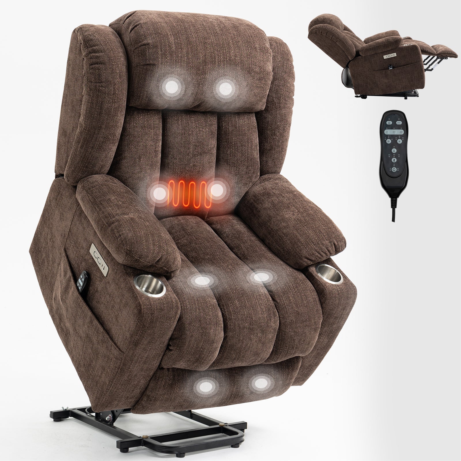 Brown Chenille Power Lift Recliner Chair, Heavy Duty Motion Mechanism with 8 - Point Vibration Massage and Lumbar Heating, USB and Type - C Ports, Stainless Steel Cup Holders - My Lift Chair