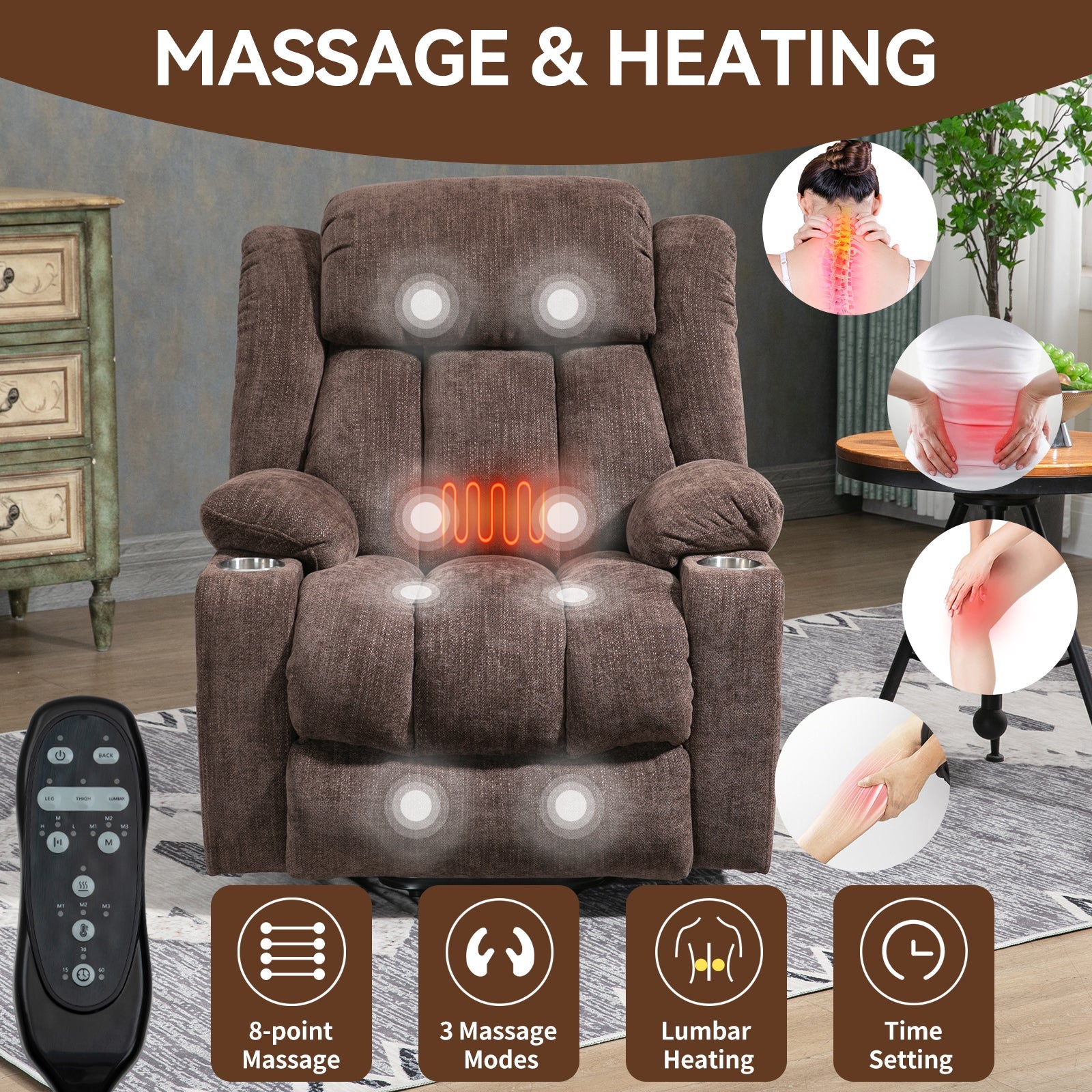 Brown Chenille Power Lift Recliner Chair, Heavy Duty Motion Mechanism with 8 - Point Vibration Massage and Lumbar Heating, USB and Type - C Ports, Stainless Steel Cup Holders - My Lift Chair