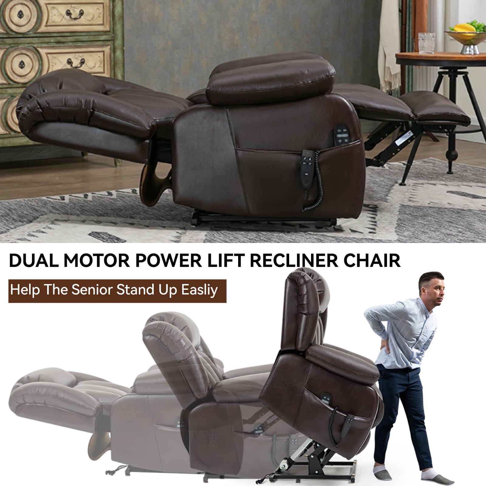 Brown Dual Motor Infinite Position Electric Medium size Power Lift Recliner Chair with 8 - Point Vibration Massage and Lumbar Heating - My Lift Chair