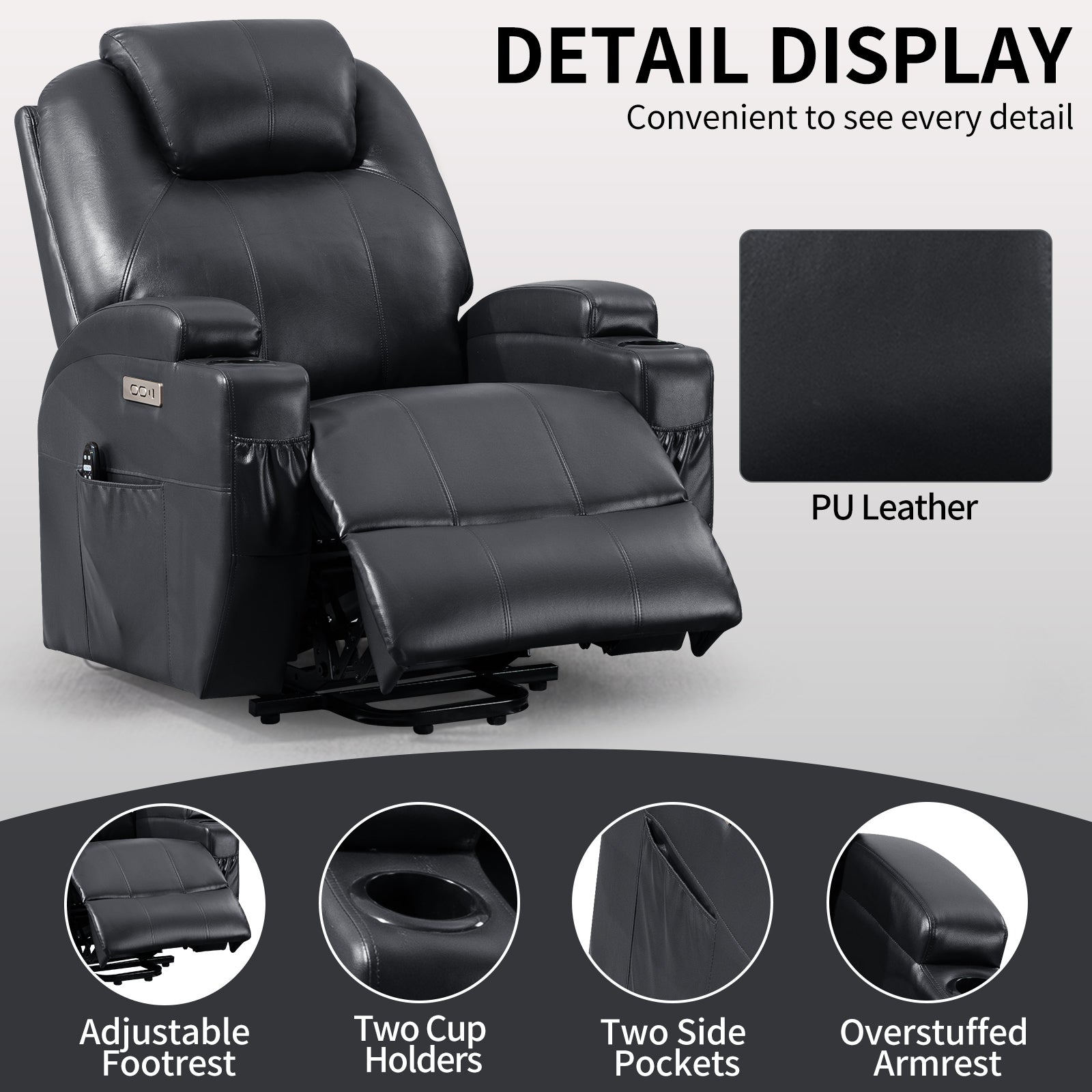 Power Lift Recliner Chair with Massage and Lumbar Heating, Black, polyurethane leather