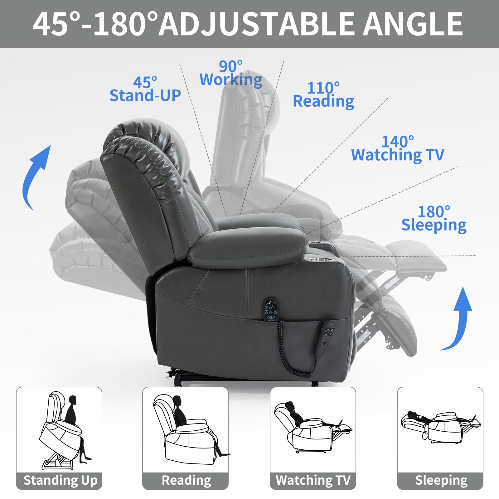 Grey Leatheraire Power Lift Recliner Chair, angles of lift and recline