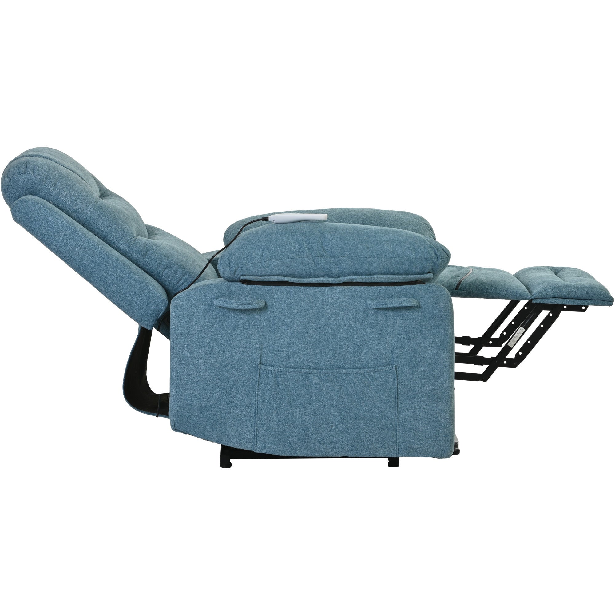 Blue Power Lift Chair with head and footrest extended side profile
