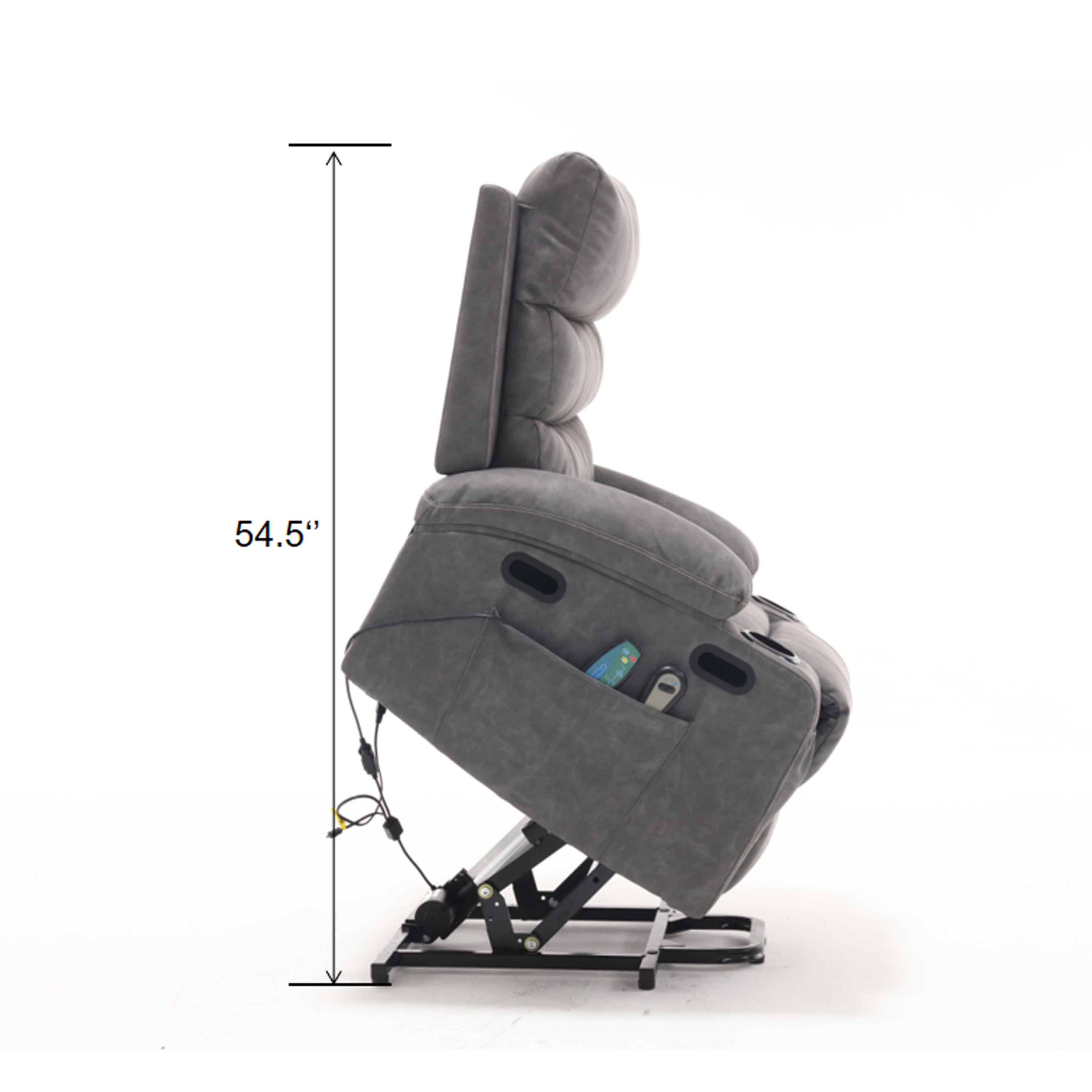 Overstuffed Large Power Lift Recliner with Massage and Heat, Gray, lifted specifications