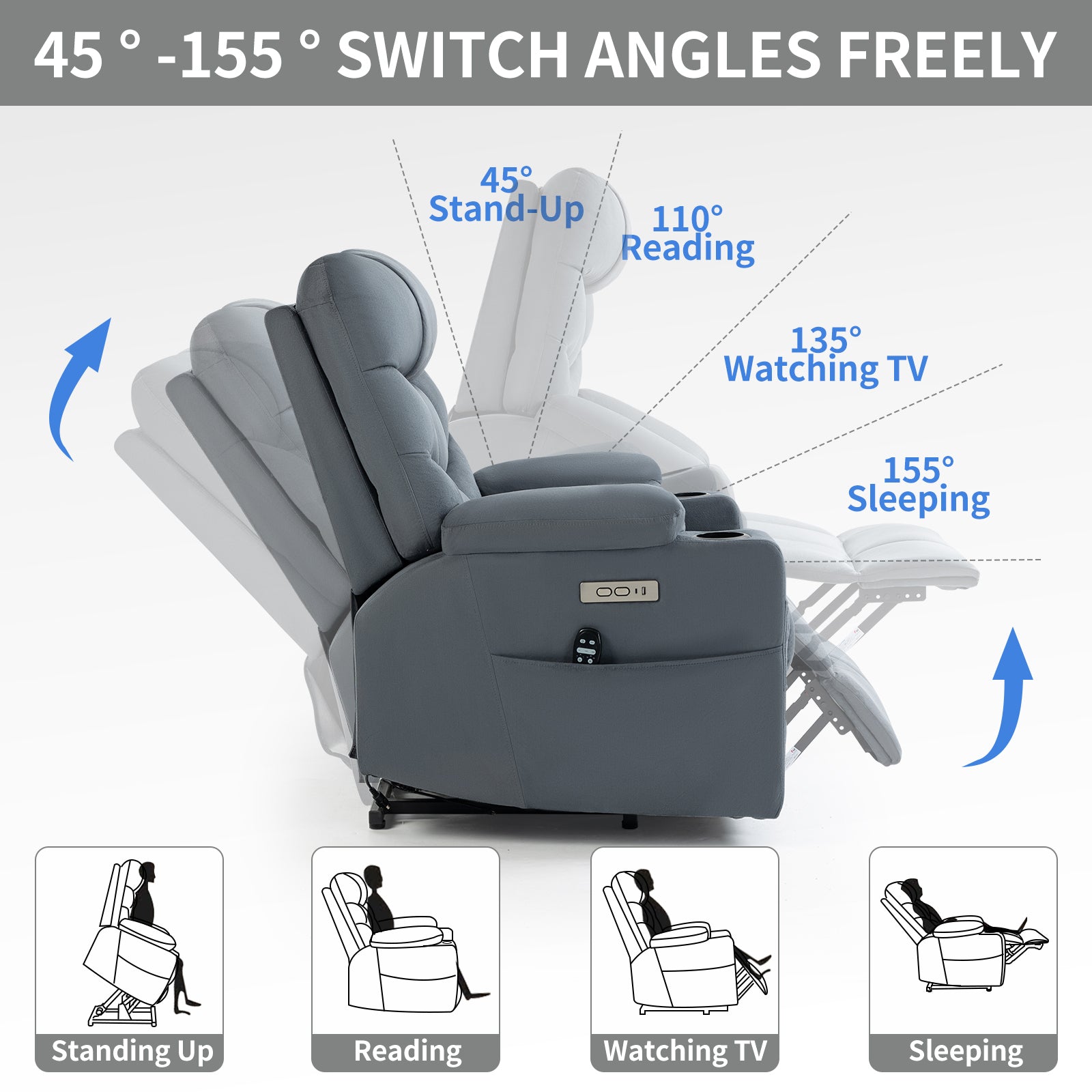 Blue Power Lift Recliner Chair with Vibration Massage and Lumbar Heat, recline and lift angles