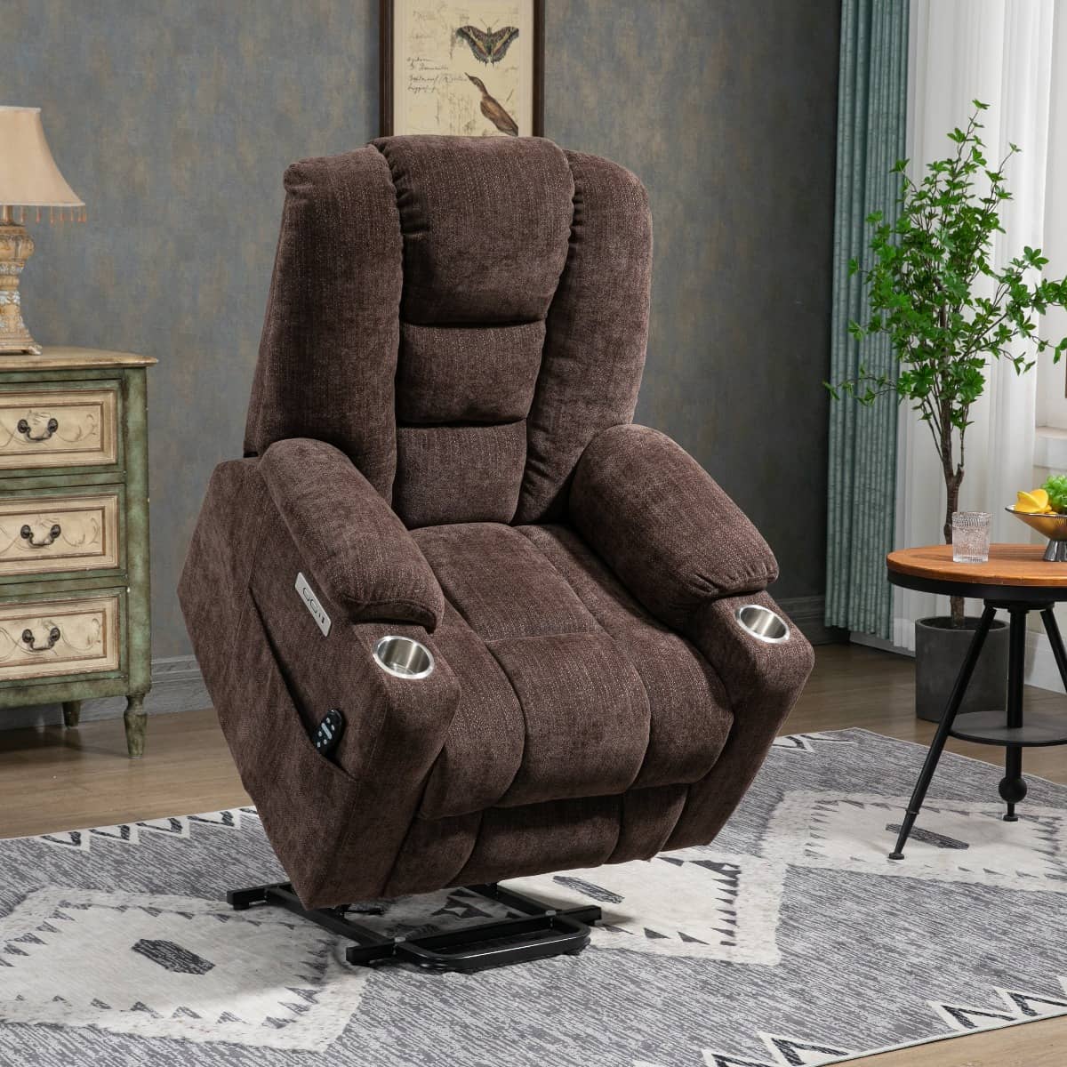 EMON'S Large and Wide Power Lift Recliner Chair with Massage and Heat, Brown