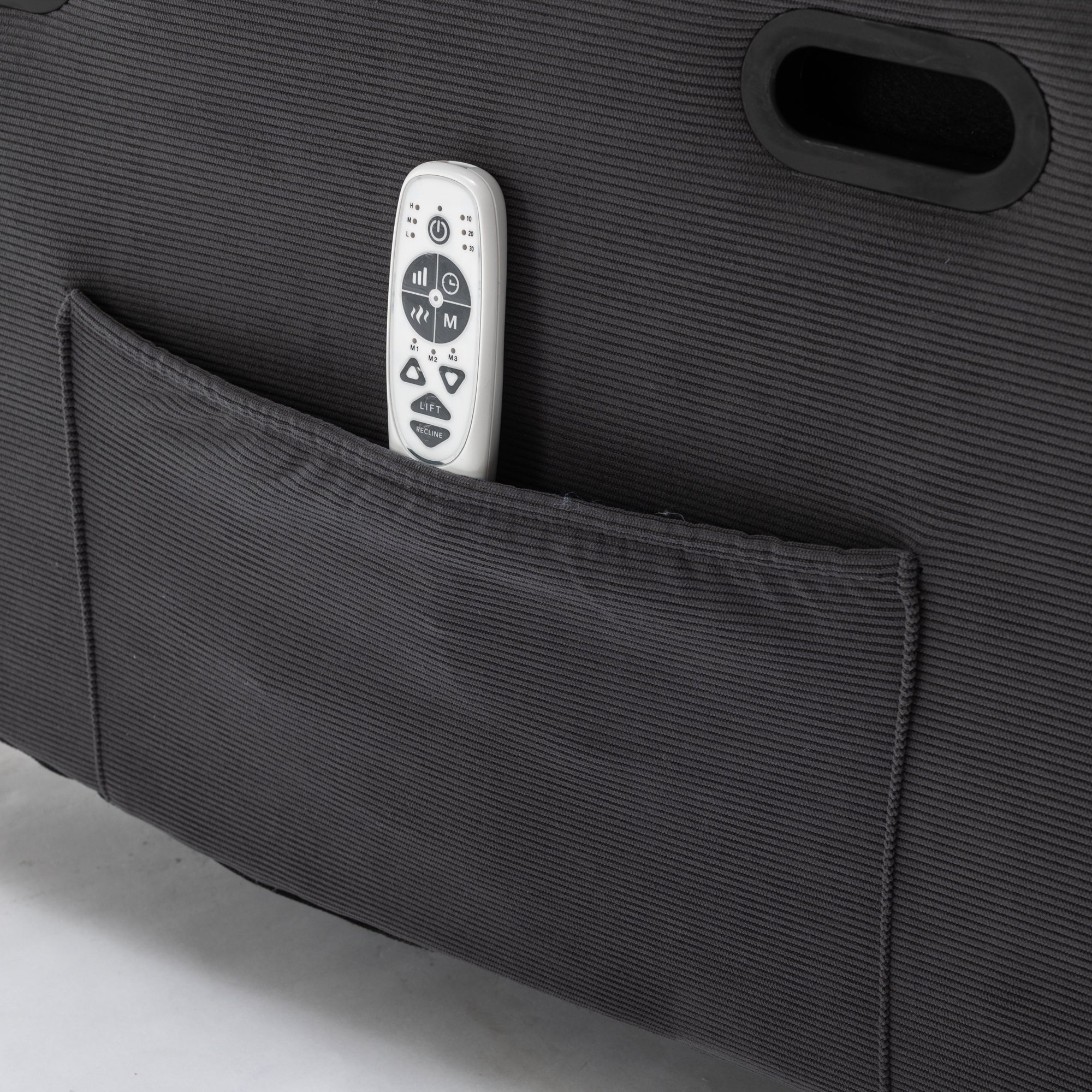 Gray Power Lift Chair Closeup of Pocket with remote