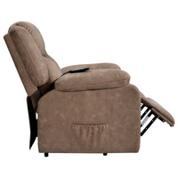 Brown Power Lift Chair Right Side Profile with Headrest and Footrest Slightly Extended