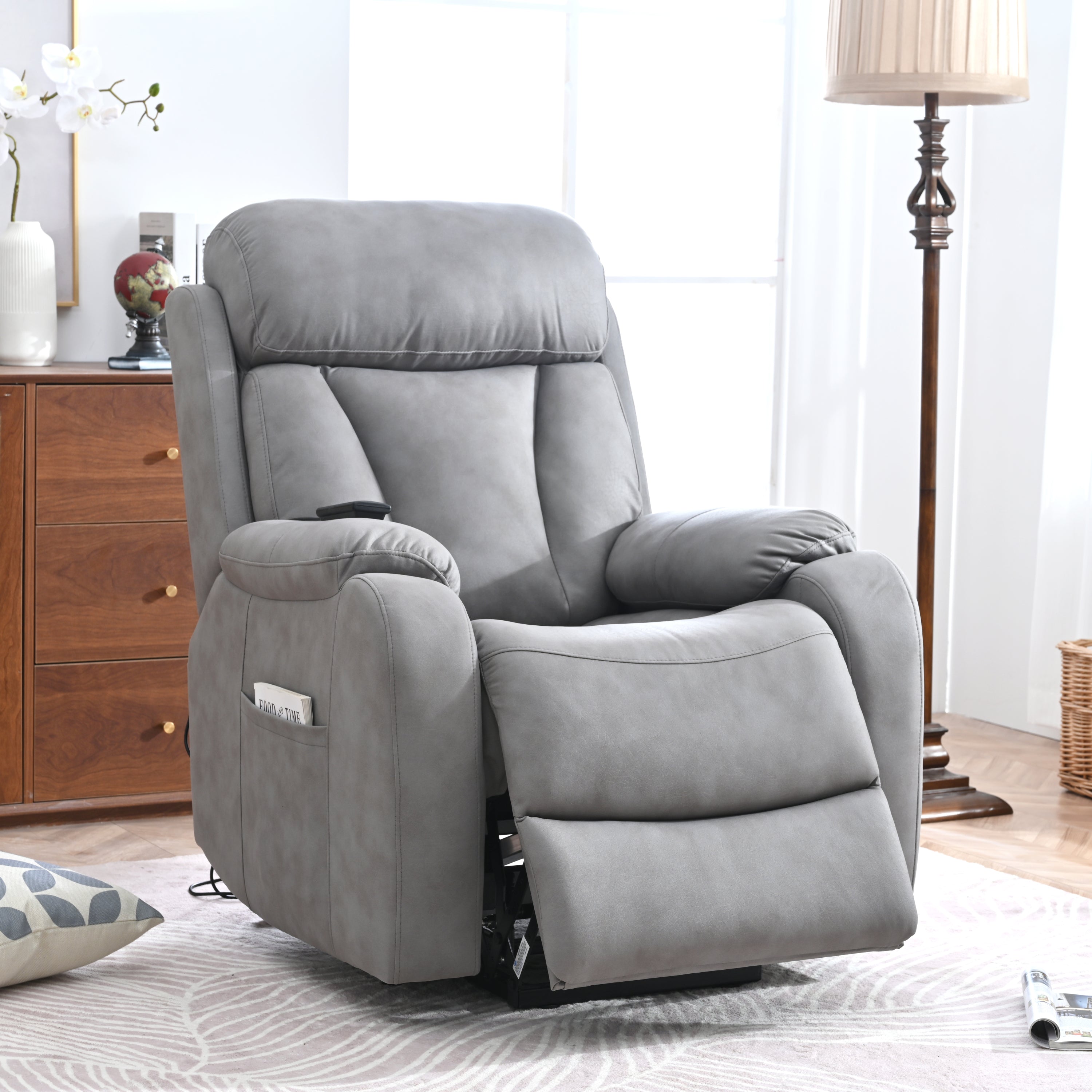 Light Gray Power Lift Chair Front Profile with Footrest Slightly Extended