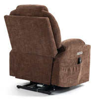 Brown Chenille Power Lift Recliner Chair, back view seated angle