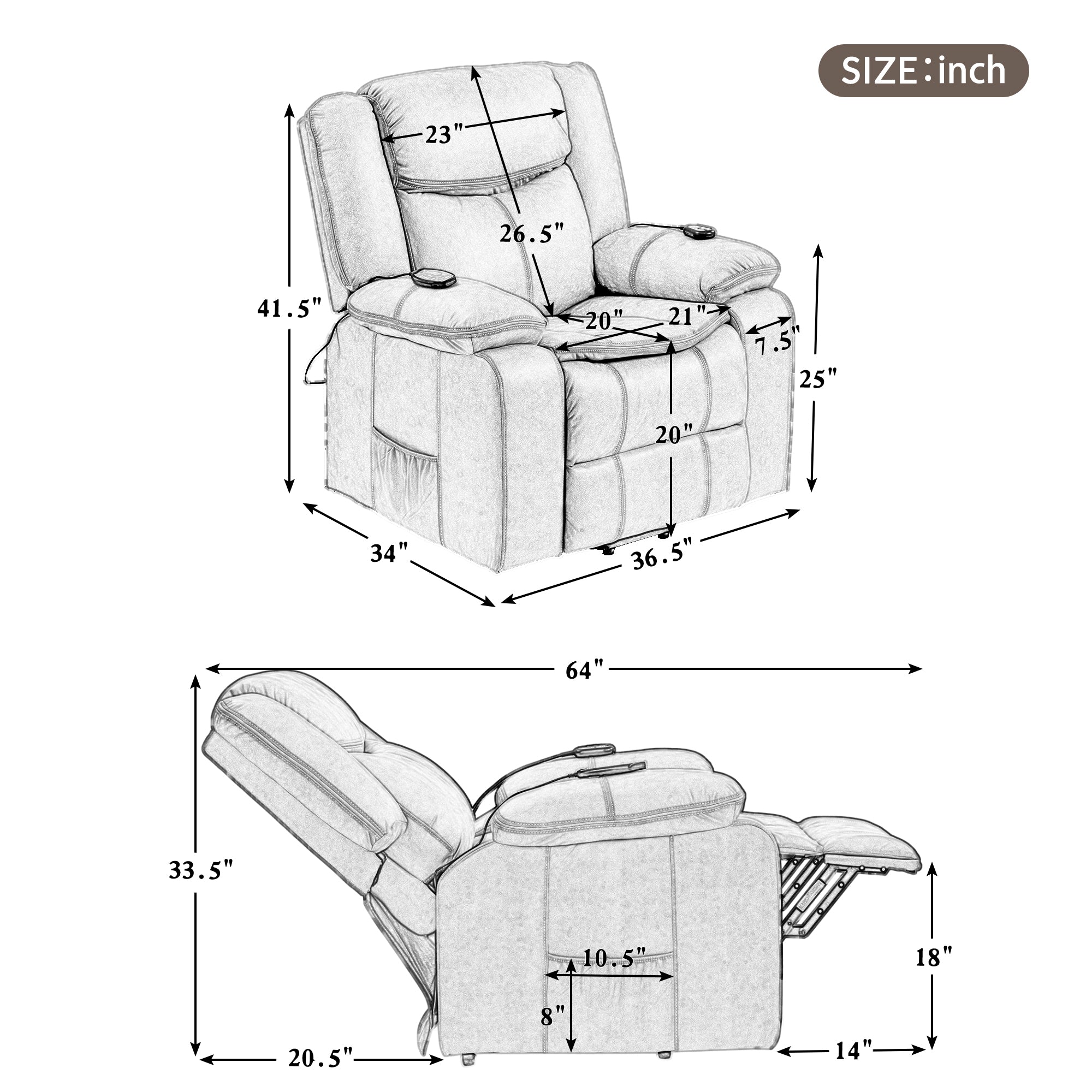 Power Lift Recliner Chair with Heat and Massage, dimensions