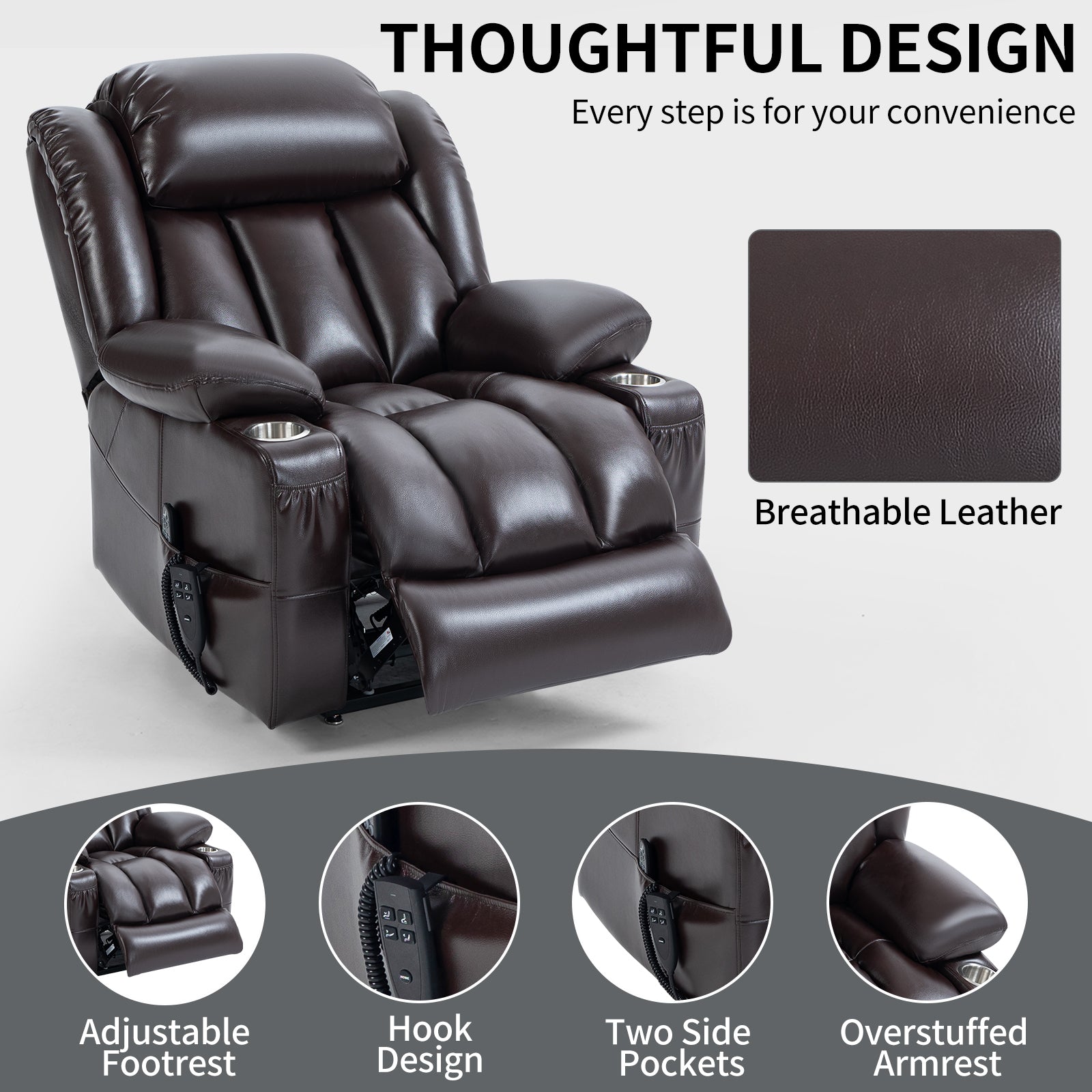 Brown Leatheraire Power Lift Recliner Chair, features