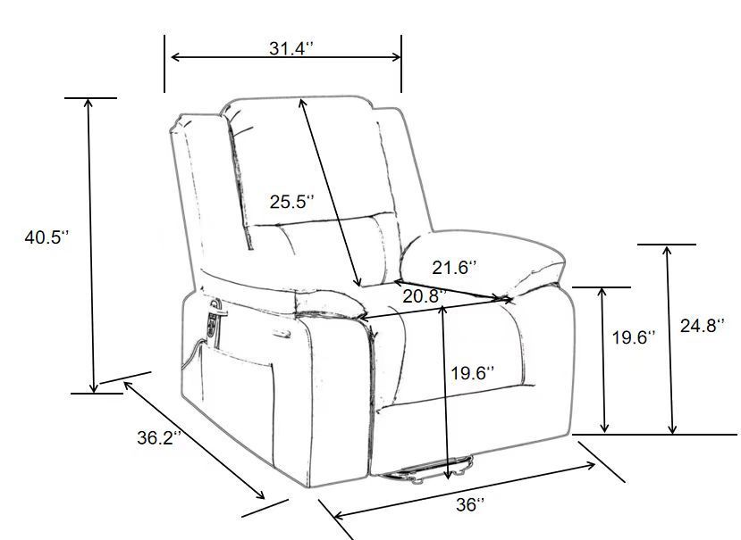 Heavy Duty Power Recliner Chair With Massage and Heating, Grey, seated specifications