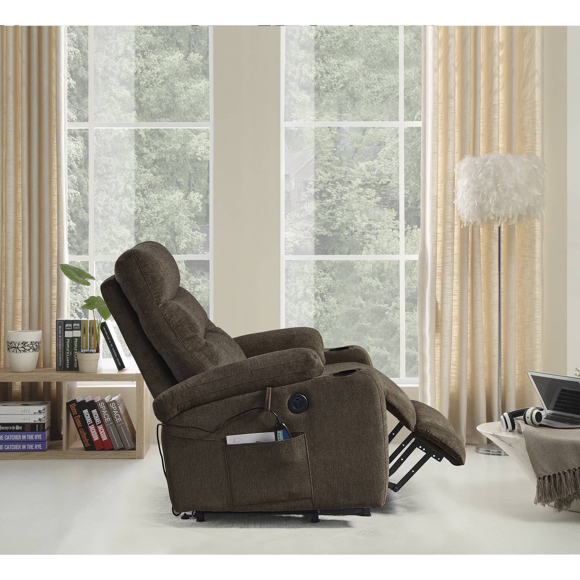 Dark Brown Power Lift Chair Right Side Profile with Head and Footrest Extended