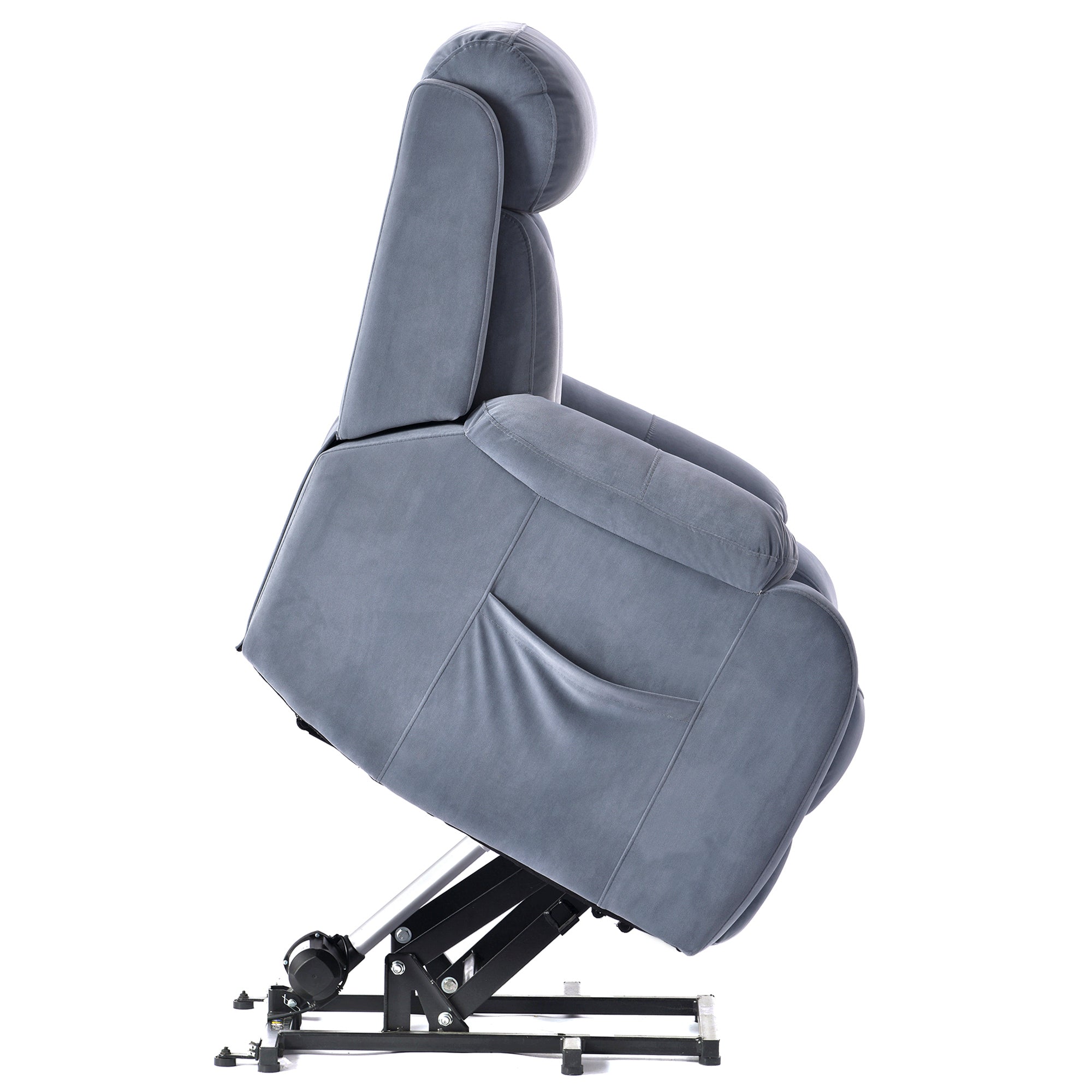 Lifted side view of power lift chair recliner