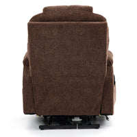 Brown Chenille Power Lift Recliner Chair, back view seated