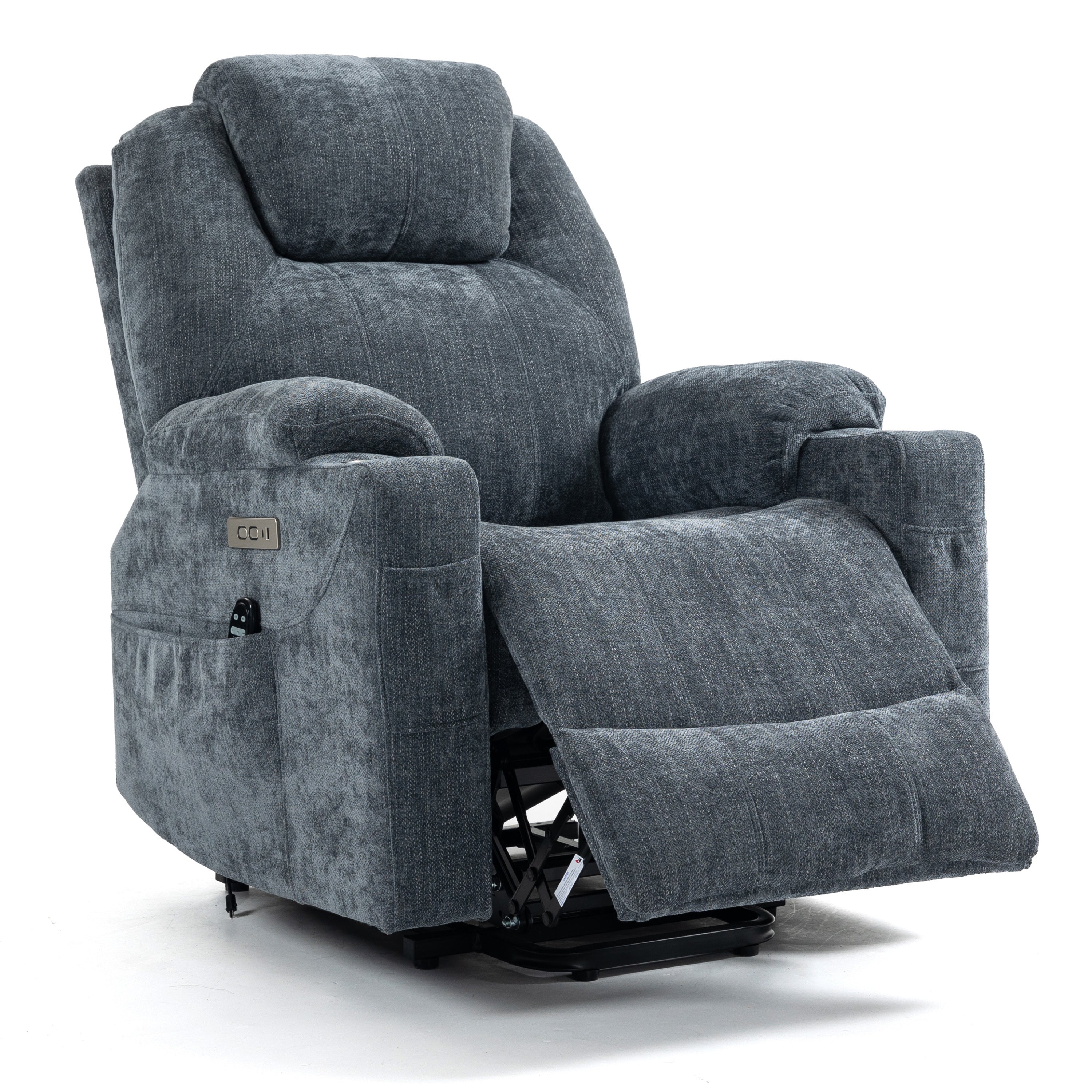 Blue Chenille Power Lift Recliner Chair, partially reclined