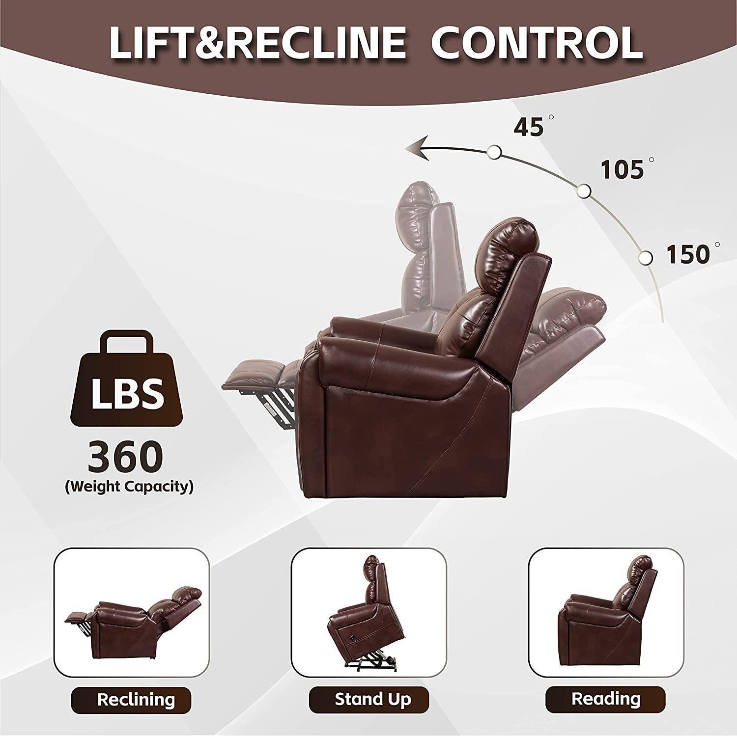 Red Brown Lift Recliner with Massage and Heat, lift and recline angles
