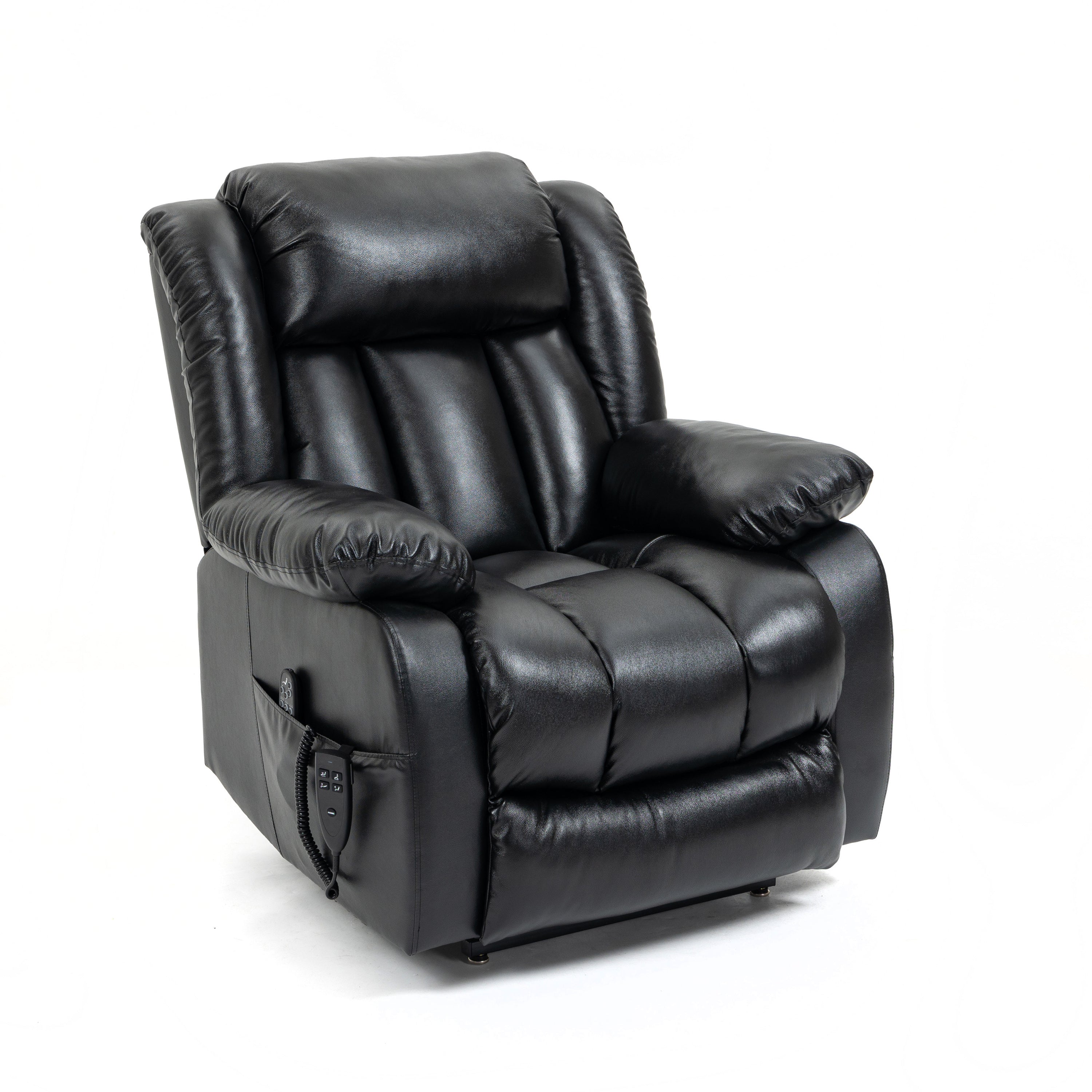 Black Leather Power Lift Recliner Chair, seated, angle view