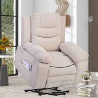 Beige infinite position massage and heat power lift recliner, raised