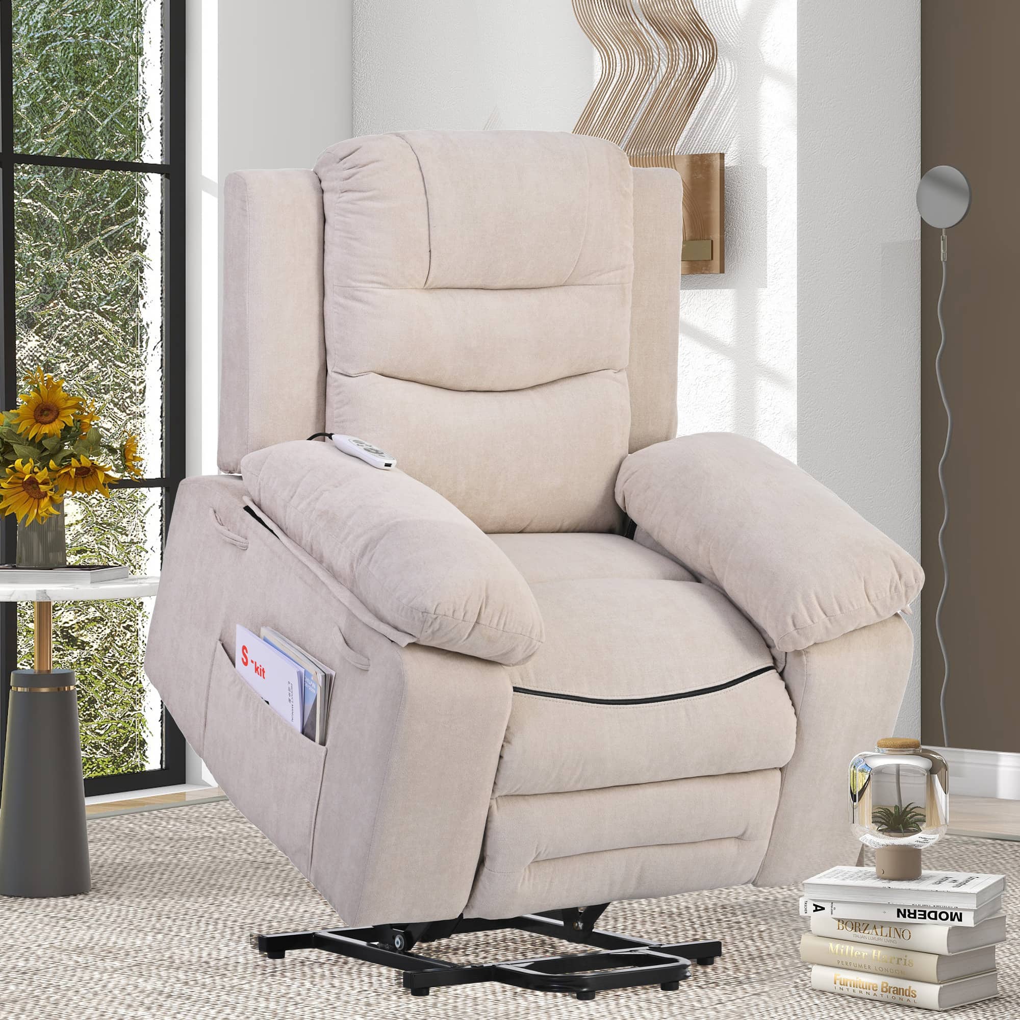 Extended Armrest Massage and Heat Power Lift Recliner, Beige
