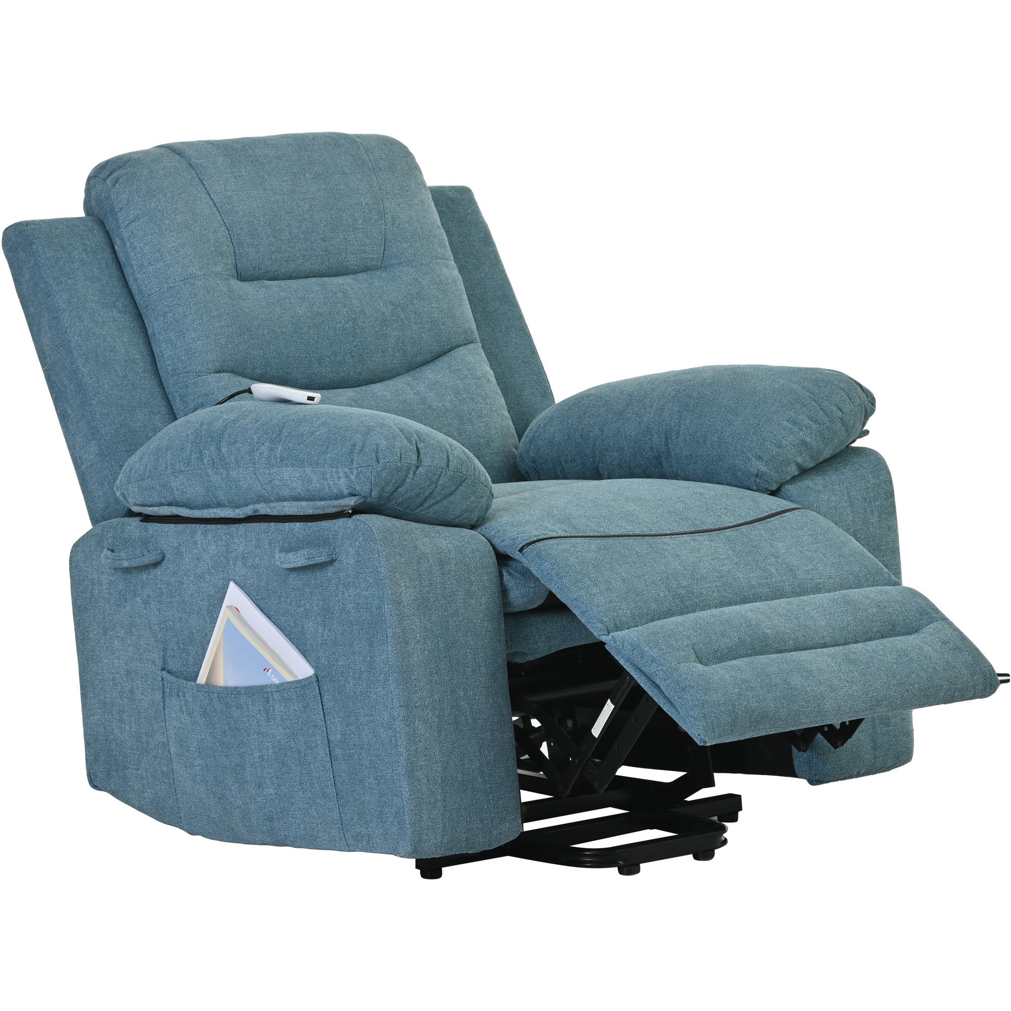 Blue Power Lift Chair with headrest and footrest slightly extended