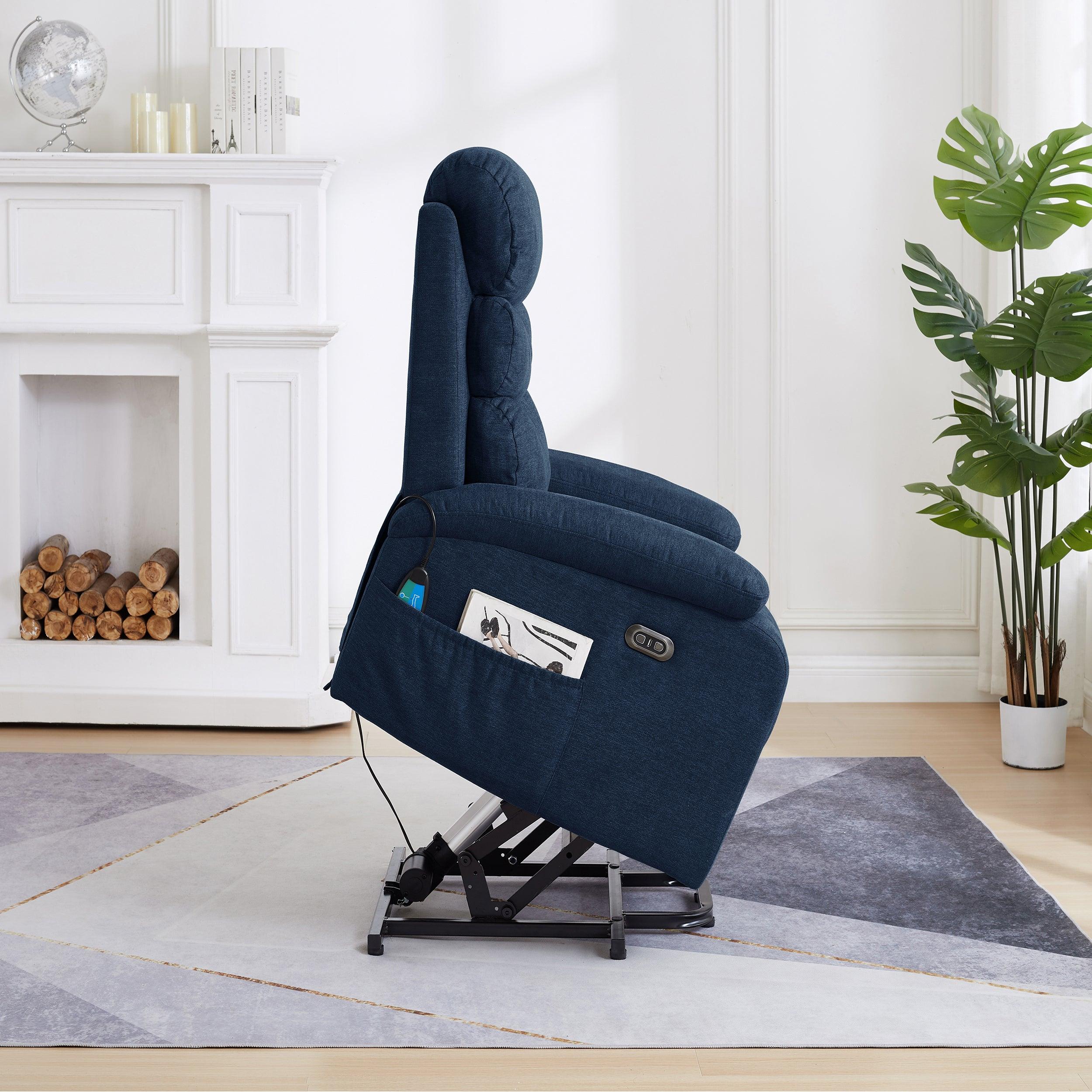 Power Lift Recliner Chair with Massage, Blue, side view lifted