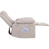 Beige Power Lift Chair Right Side Profile with Headrest and Footrest Extended